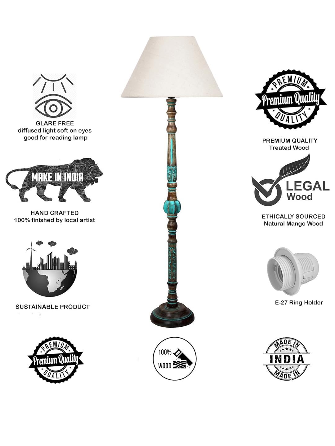 Mid Century Modern Floor Lamp,Hand Turned Floor Lamp Wood for Living Room,Stand Lamp with Fabric Lampshade for Bedroom, Study Room and Office, (White)-Jute-A2