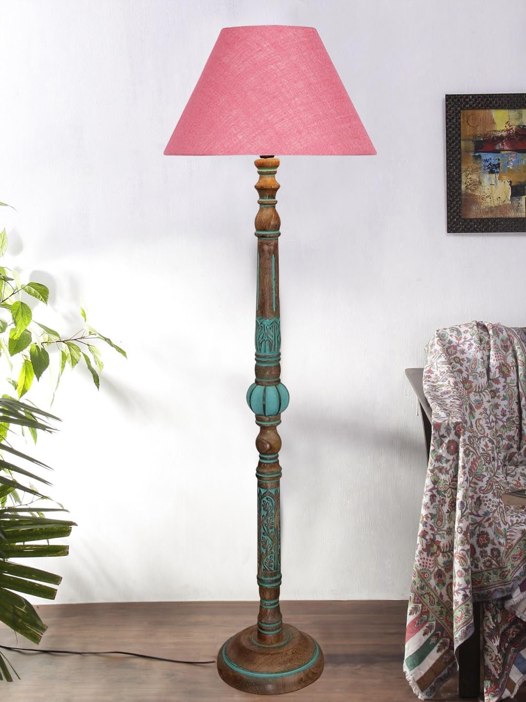 Mid Century Modern Floor Lamp,Hand Turned Floor Lamp Wood for Living Room,Stand Lamp with Fabric Lampshade for Bedroom, Study Room and Office, (Pink)-Jute-A1