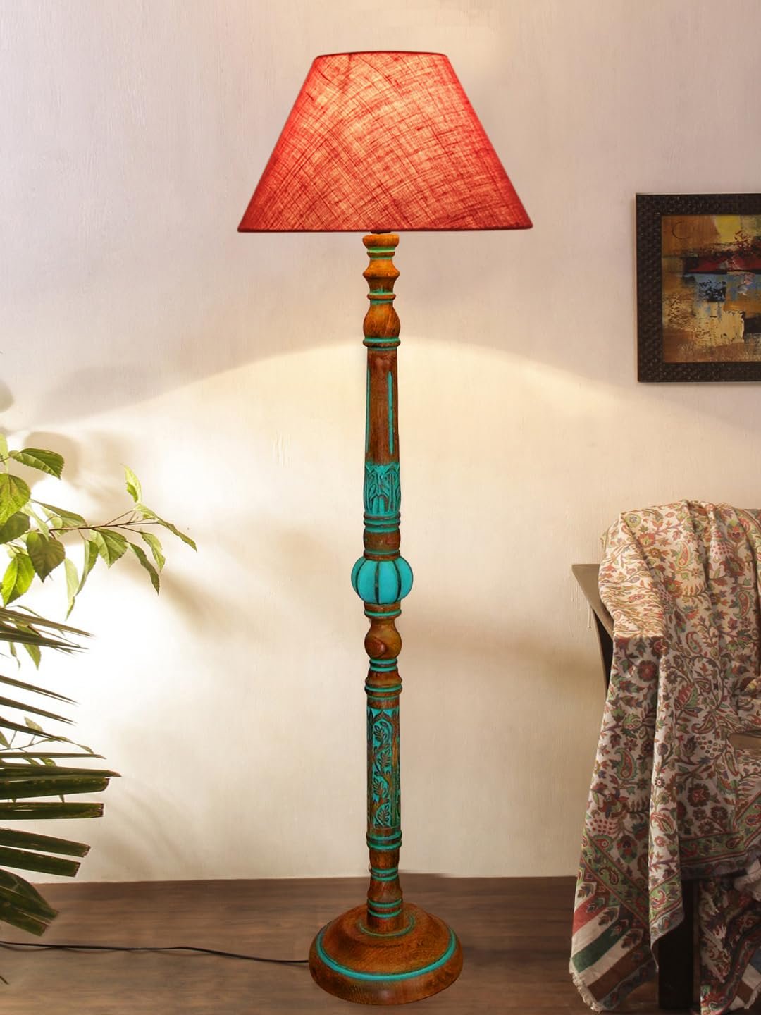 Mid Century Modern Floor Lamp,Hand Turned Floor Lamp Wood for Living Room,Stand Lamp with Fabric Lampshade for Bedroom, Study Room and Office, (Pink)-Jute-A1