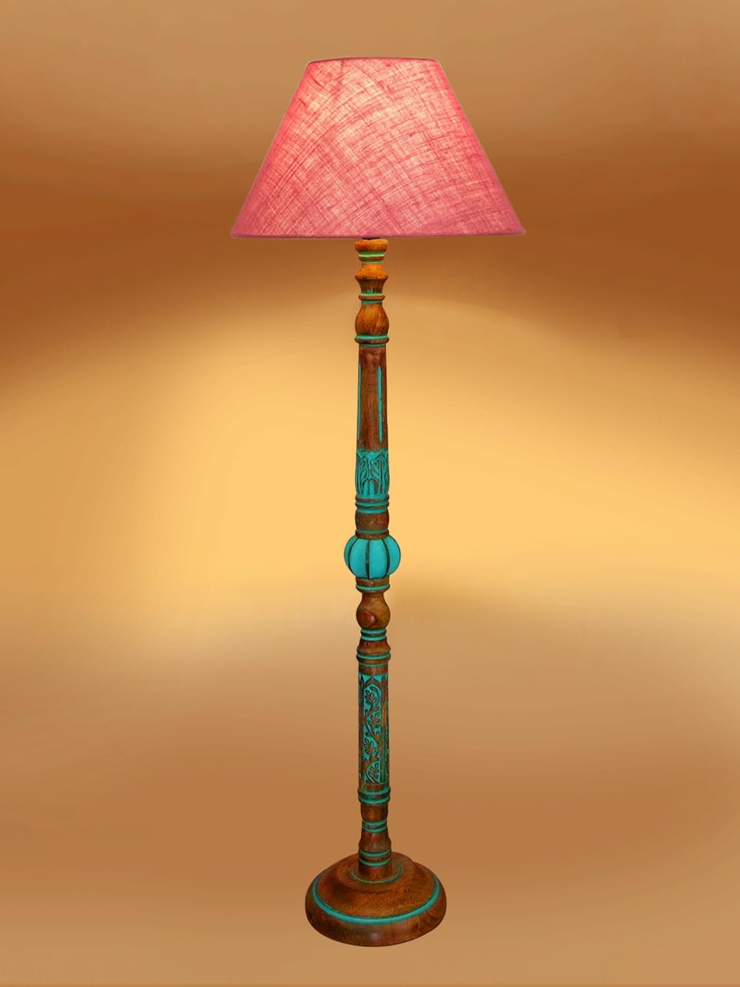 Mid Century Modern Floor Lamp,Hand Turned Floor Lamp Wood for Living Room,Stand Lamp with Fabric Lampshade for Bedroom, Study Room and Office, (Pink)-Jute-A1