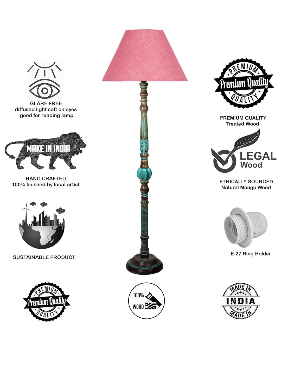 Mid Century Modern Floor Lamp,Hand Turned Floor Lamp Wood for Living Room,Stand Lamp with Fabric Lampshade for Bedroom, Study Room and Office, (Pink)-Jute-A1