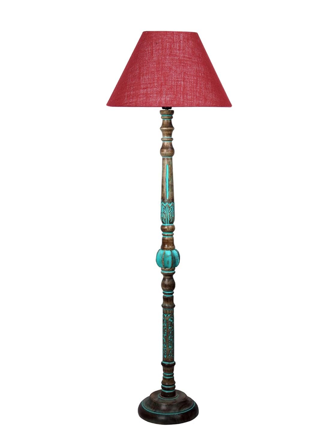 Mid Century Modern Floor Lamp,Hand Turned Floor Lamp Wood for Living Room,Stand Lamp with Fabric Lampshade for Bedroom, Study Room and Office, (Maroon)-Jute-A1