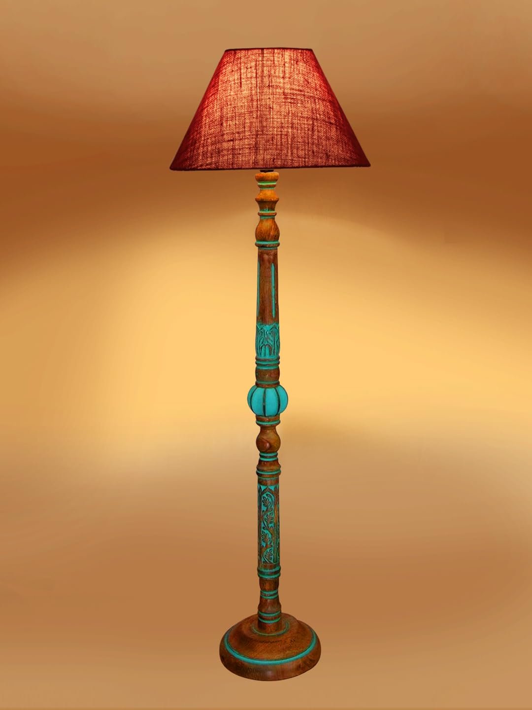 Mid Century Modern Floor Lamp,Hand Turned Floor Lamp Wood for Living Room,Stand Lamp with Fabric Lampshade for Bedroom, Study Room and Office, (Maroon)-Jute-A1