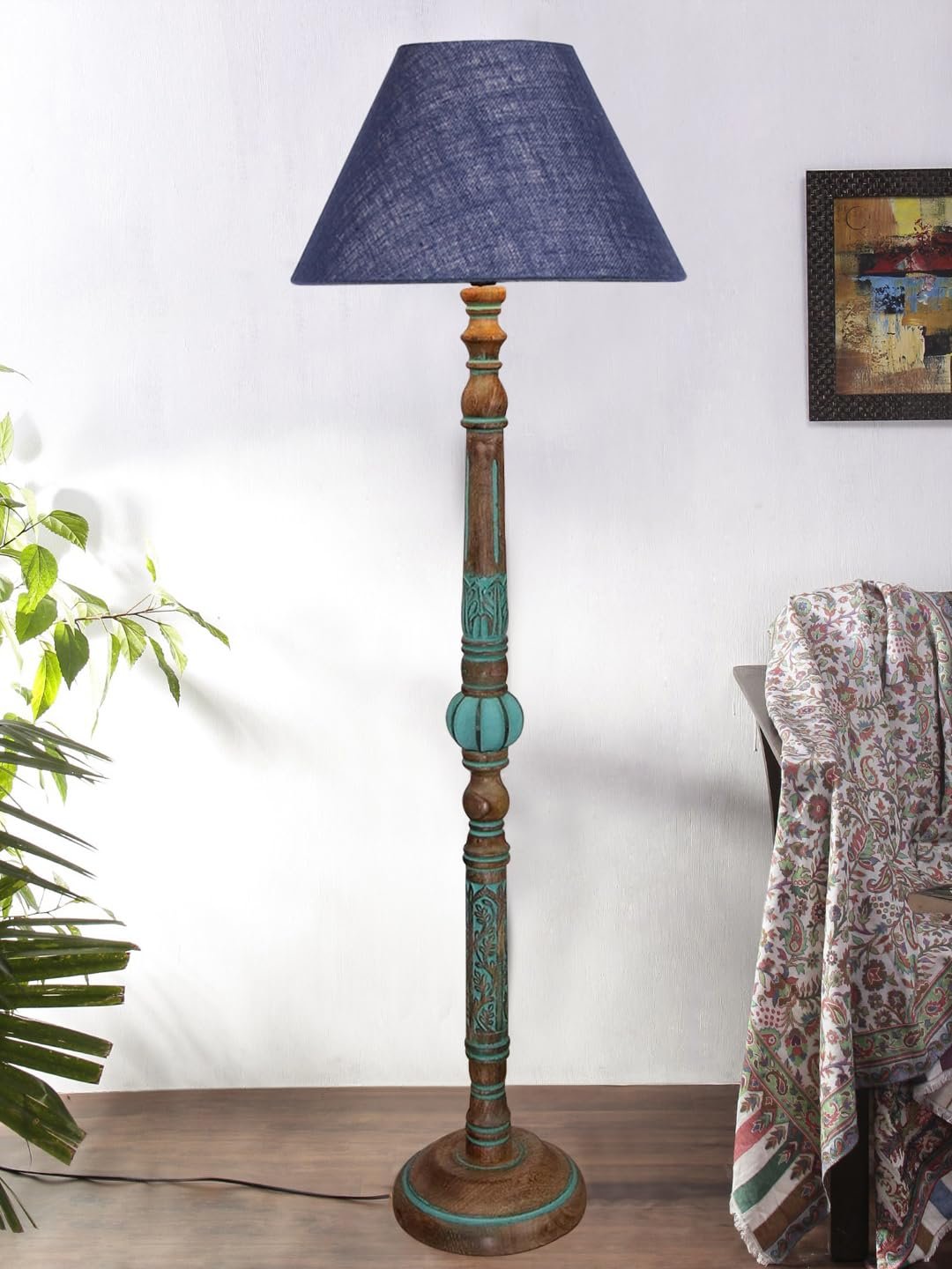 Mid Century Modern Floor Lamp,Hand Turned Floor Lamp Wood for Living Room,Stand Lamp with Fabric Lampshade for Bedroom, Study Room and Office, (Blue)-Jute-A1