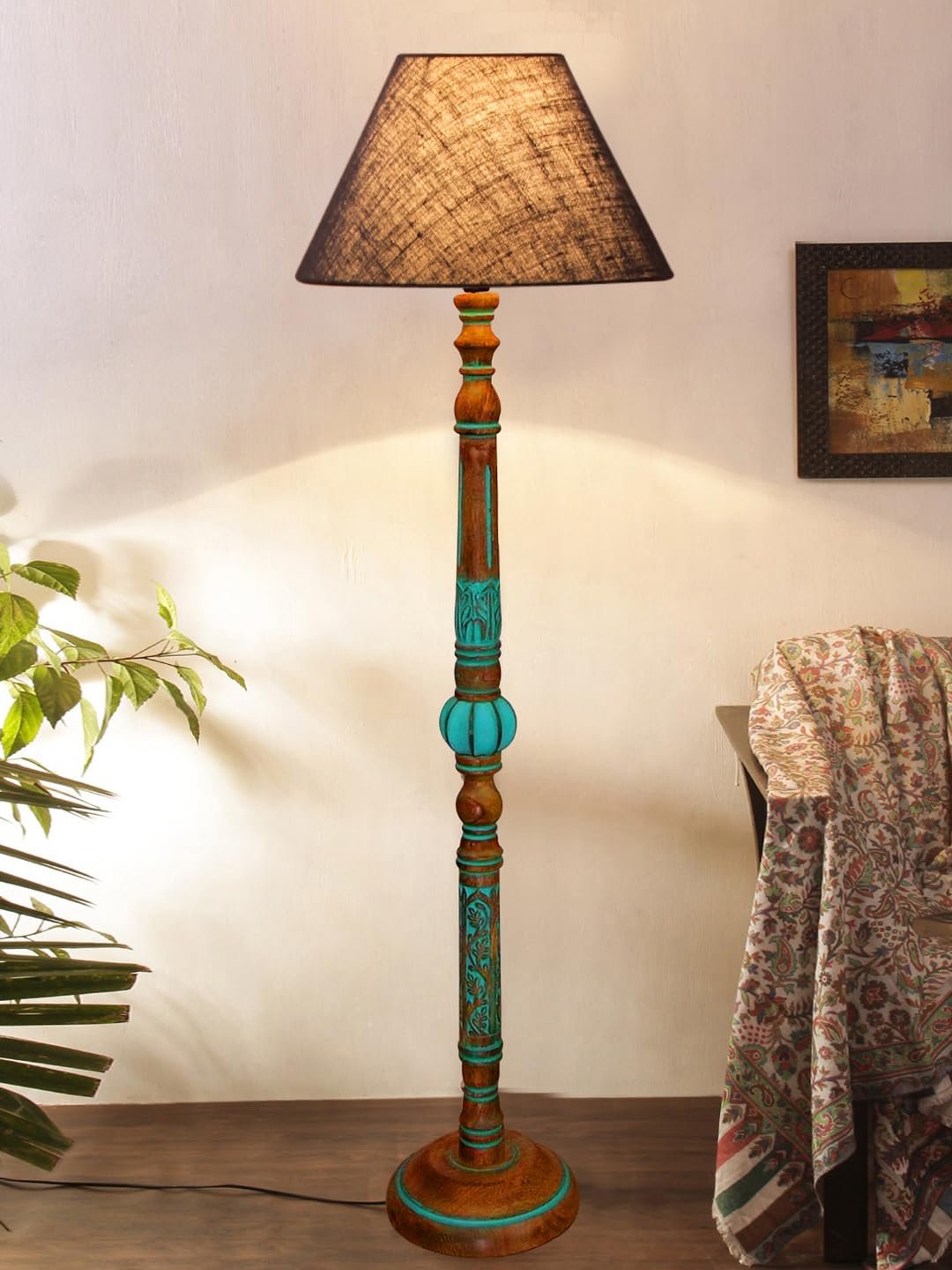 Mid Century Modern Floor Lamp,Hand Turned Floor Lamp Wood for Living Room,Stand Lamp with Fabric Lampshade for Bedroom, Study Room and Office, (Blue)-Jute-A1