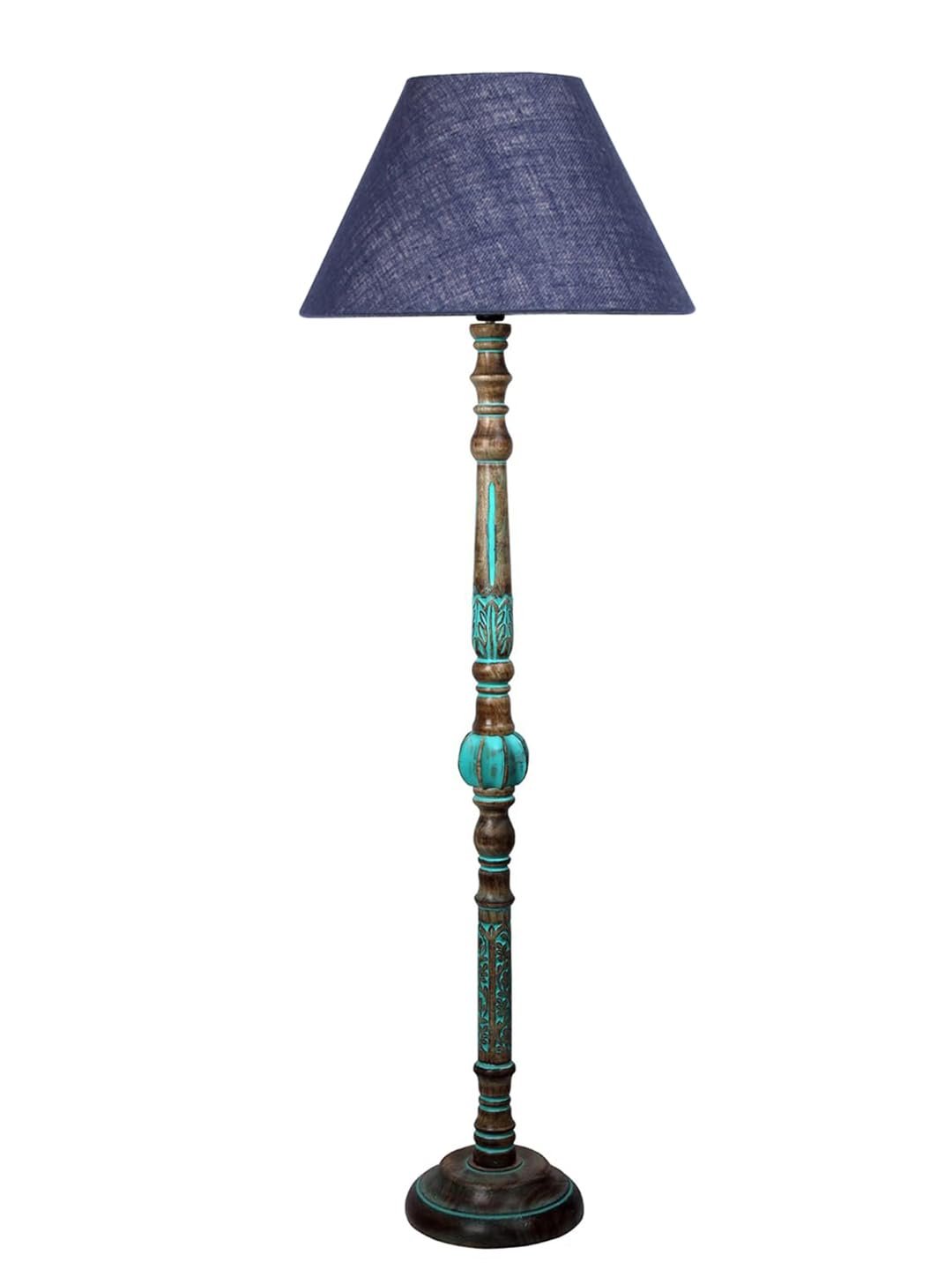 Mid Century Modern Floor Lamp,Hand Turned Floor Lamp Wood for Living Room,Stand Lamp with Fabric Lampshade for Bedroom, Study Room and Office, (Blue)-Jute-A1