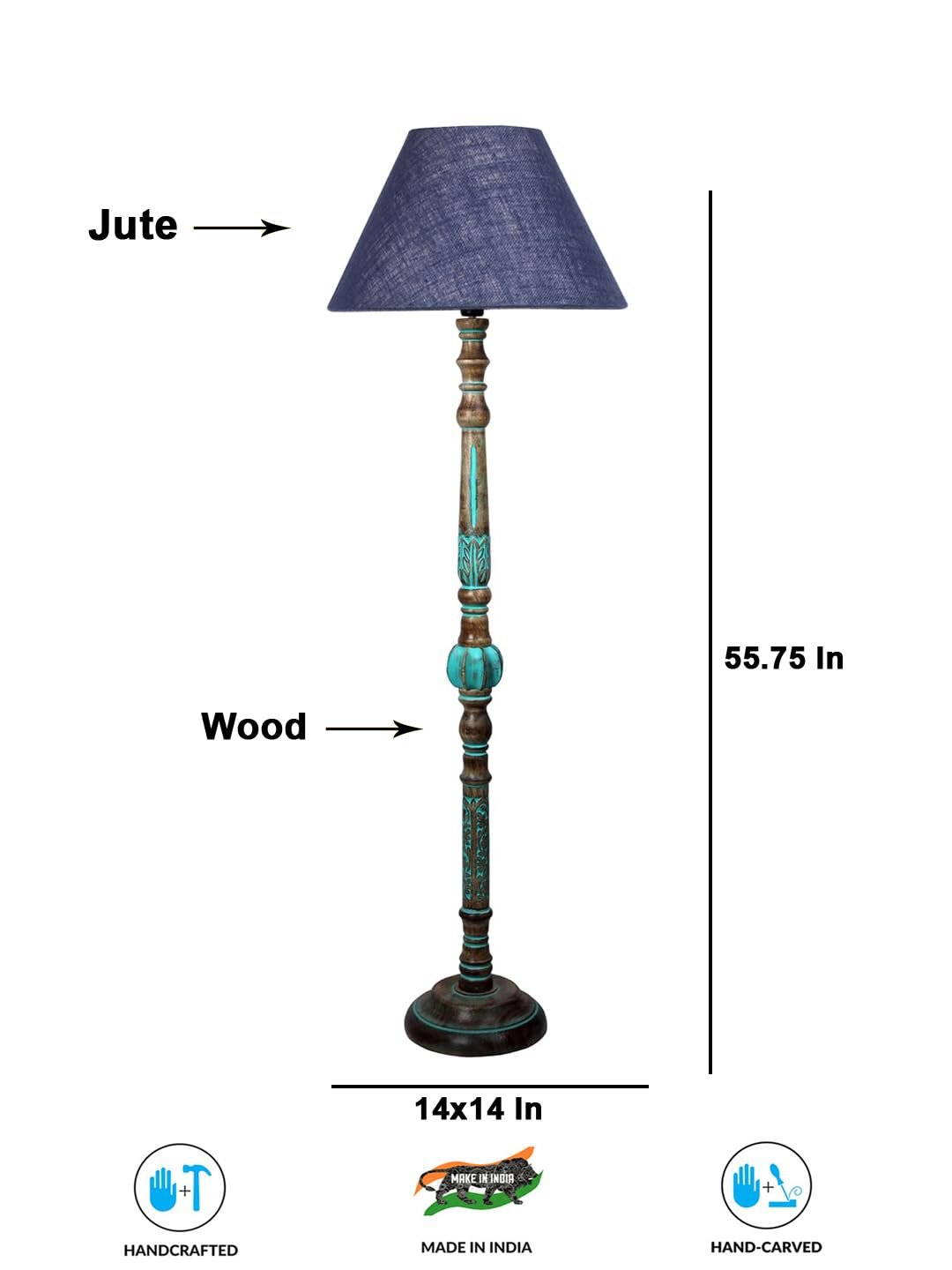 Mid Century Modern Floor Lamp,Hand Turned Floor Lamp Wood for Living Room,Stand Lamp with Fabric Lampshade for Bedroom, Study Room and Office, (Blue)-Jute-A1