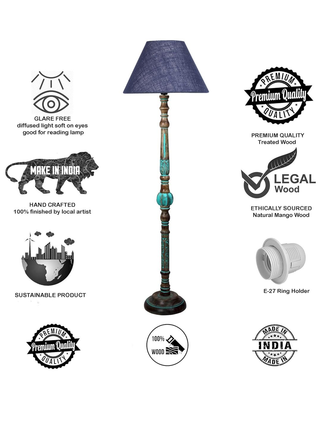 Mid Century Modern Floor Lamp,Hand Turned Floor Lamp Wood for Living Room,Stand Lamp with Fabric Lampshade for Bedroom, Study Room and Office, (Blue)-Jute-A1