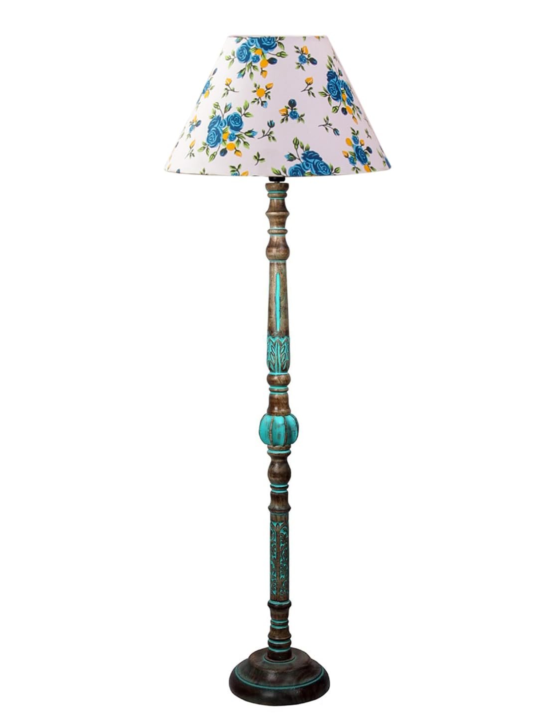 Mid Century Modern Floor Lamp,Hand Turned Floor Lamp Wood for Living Room,Stand Lamp with Fabric Lampshade for Bedroom, Study Room and Office, (Printed)-Cotton-AA2