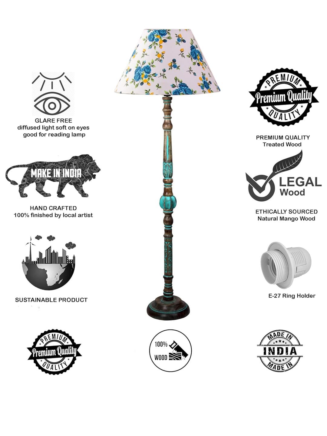 Mid Century Modern Floor Lamp,Hand Turned Floor Lamp Wood for Living Room,Stand Lamp with Fabric Lampshade for Bedroom, Study Room and Office, (Printed)-Cotton-AA2