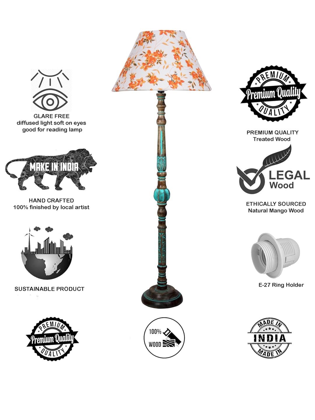 Mid Century Modern Floor Lamp,Hand Turned Floor Lamp Wood for Living Room,Stand Lamp with Fabric Lampshade for Bedroom, Study Room and Office, (Grey)-Cotton-AA1