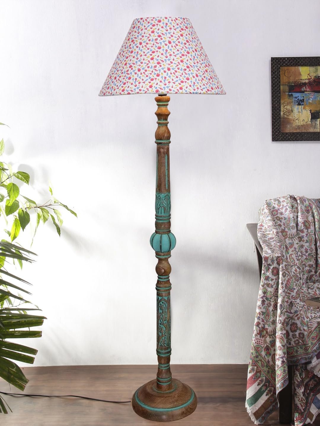 Mid Century Modern Floor Lamp,Hand Turned Floor Lamp Wood for Living Room,Stand Lamp with Fabric Lampshade for Bedroom, Study Room and Office, (Grey)-Cotton-AA3