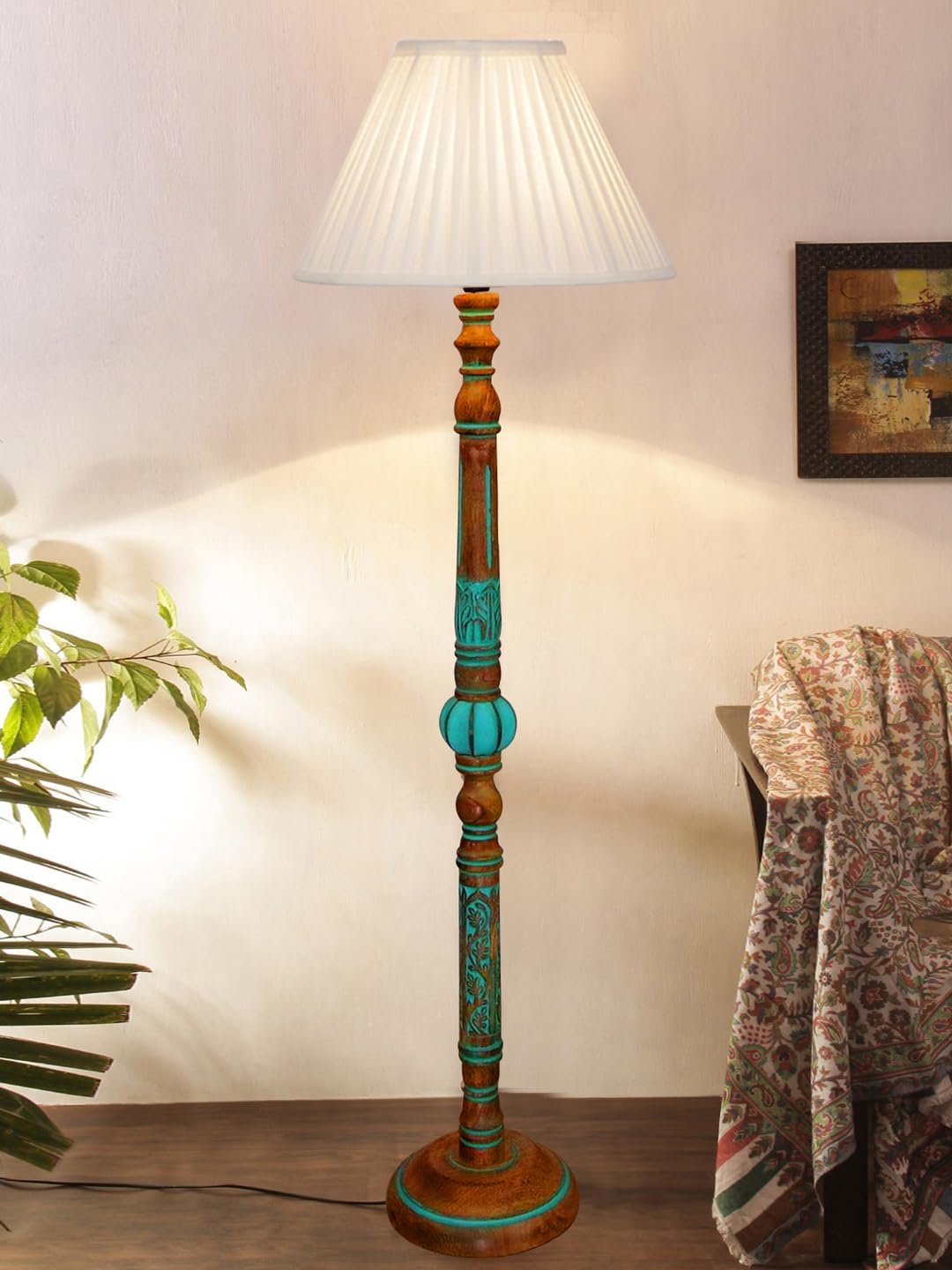 Mid Century Modern Floor Lamp,Hand Turned Floor Lamp Wood for Living Room,Stand Lamp with Fabric Lampshade for Bedroom, Study Room and Office, (Knife Pleated) -Vintage -Offwhite