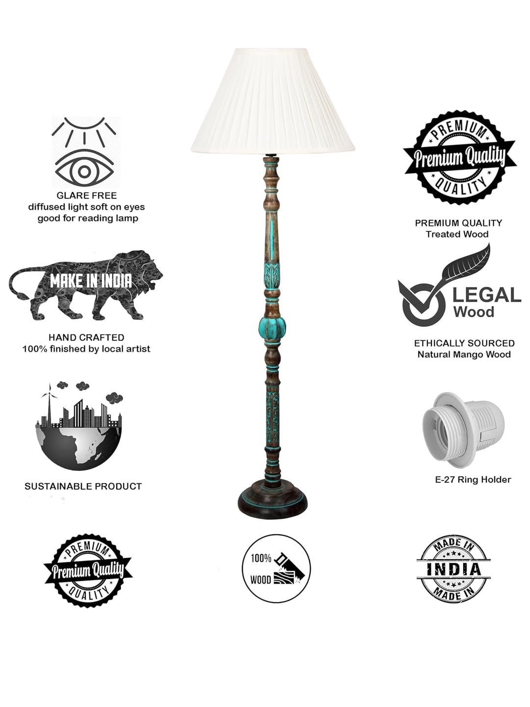 Mid Century Modern Floor Lamp,Hand Turned Floor Lamp Wood for Living Room,Stand Lamp with Fabric Lampshade for Bedroom, Study Room and Office, (Knife Pleated) -Vintage -Offwhite