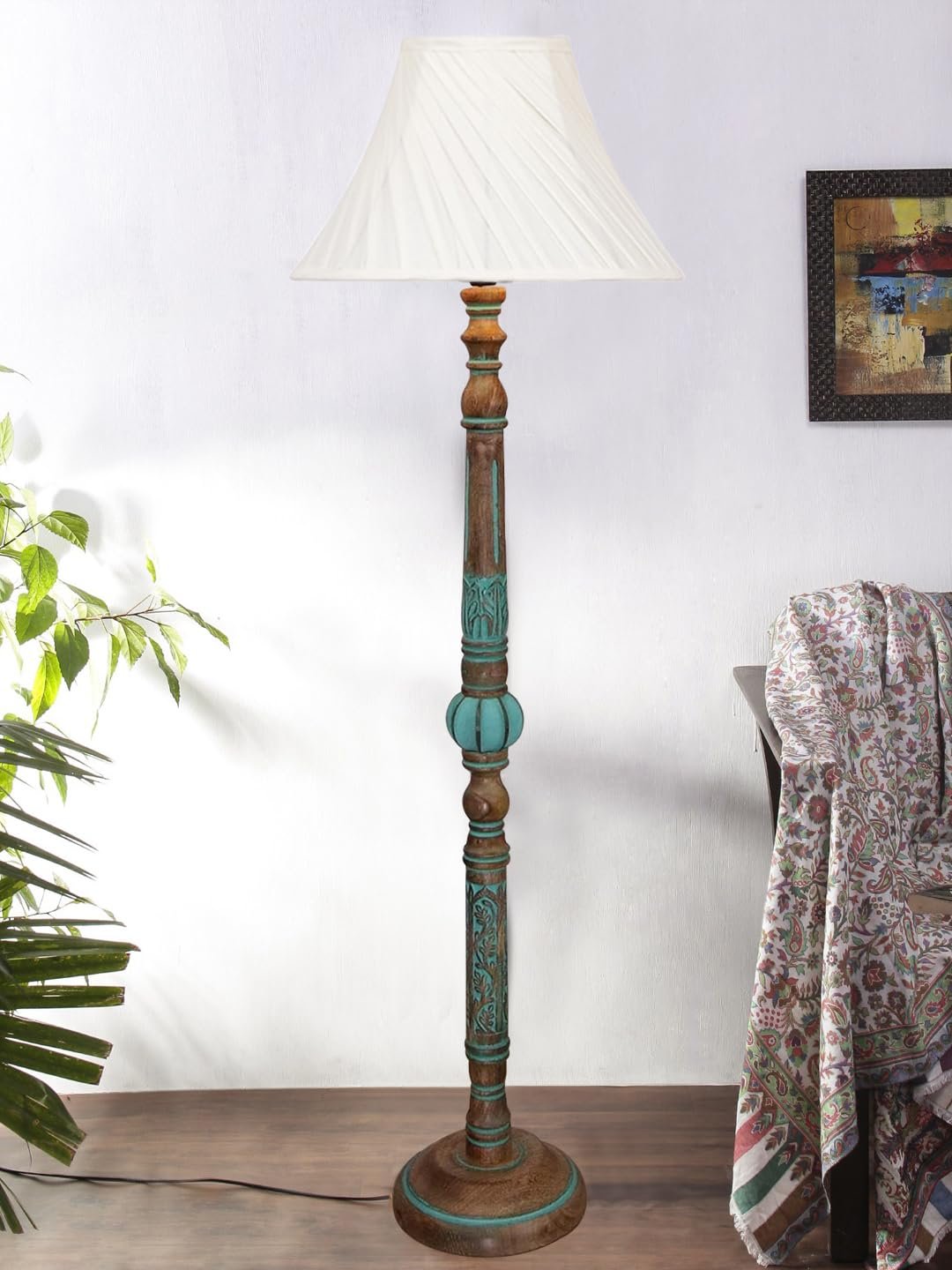 Mid Century Modern Floor Lamp,Hand Turned Floor Lamp Wood for Living Room,Stand Lamp with Fabric Lampshade for Bedroom, Study Room and Office, (Cross Pleated) -Vintage -Offwhite