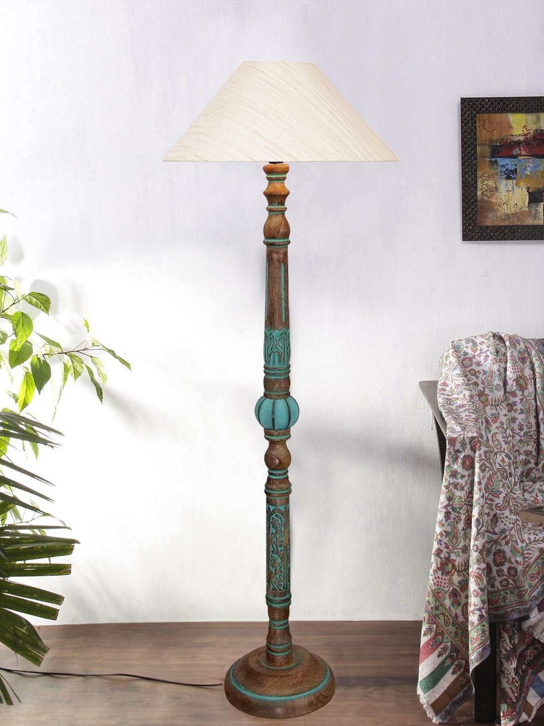 Mid Century Modern Floor Lamp,Hand Turned Floor Lamp Wood for Living Room,Stand Lamp with Fabric Lampshade for Bedroom, Study Room and Office, (Off-White)-Cotton-AAC80