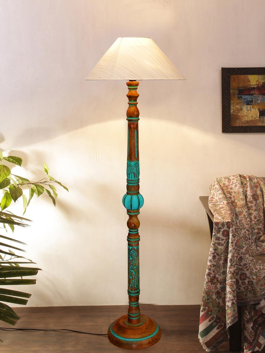 Mid Century Modern Floor Lamp,Hand Turned Floor Lamp Wood for Living Room,Stand Lamp with Fabric Lampshade for Bedroom, Study Room and Office, (Off-White)-Cotton-AAC80