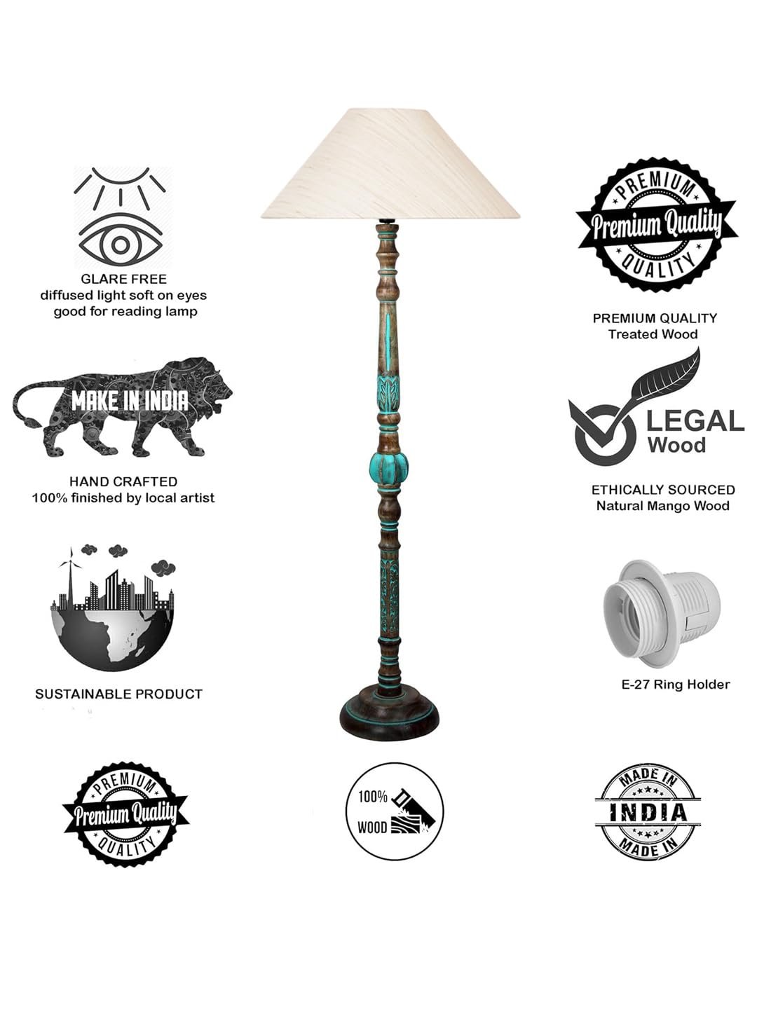 Mid Century Modern Floor Lamp,Hand Turned Floor Lamp Wood for Living Room,Stand Lamp with Fabric Lampshade for Bedroom, Study Room and Office, (Off-White)-Cotton-AAC80