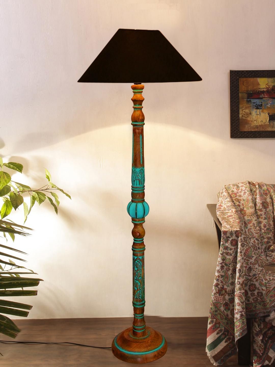 Mid Century Modern Floor Lamp,Hand Turned Floor Lamp Wood for Living Room,Stand Lamp with Fabric Lampshade for Bedroom, Study Room and Office, (Black)-Cotton-AAC80