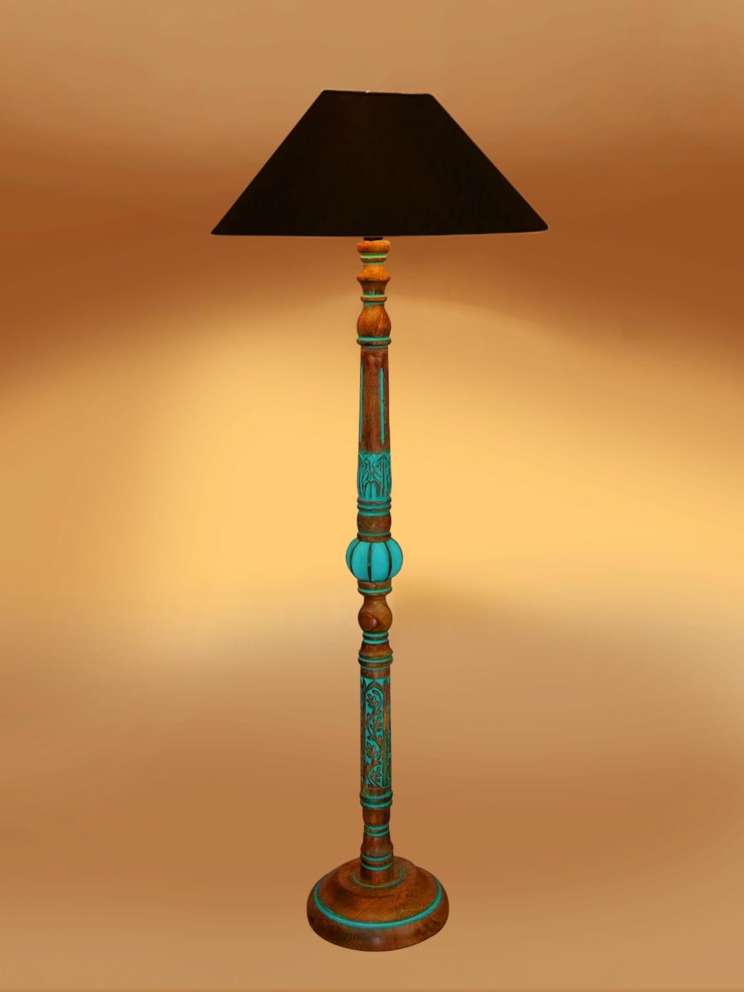 Mid Century Modern Floor Lamp,Hand Turned Floor Lamp Wood for Living Room,Stand Lamp with Fabric Lampshade for Bedroom, Study Room and Office, (Black)-Cotton-AAC80