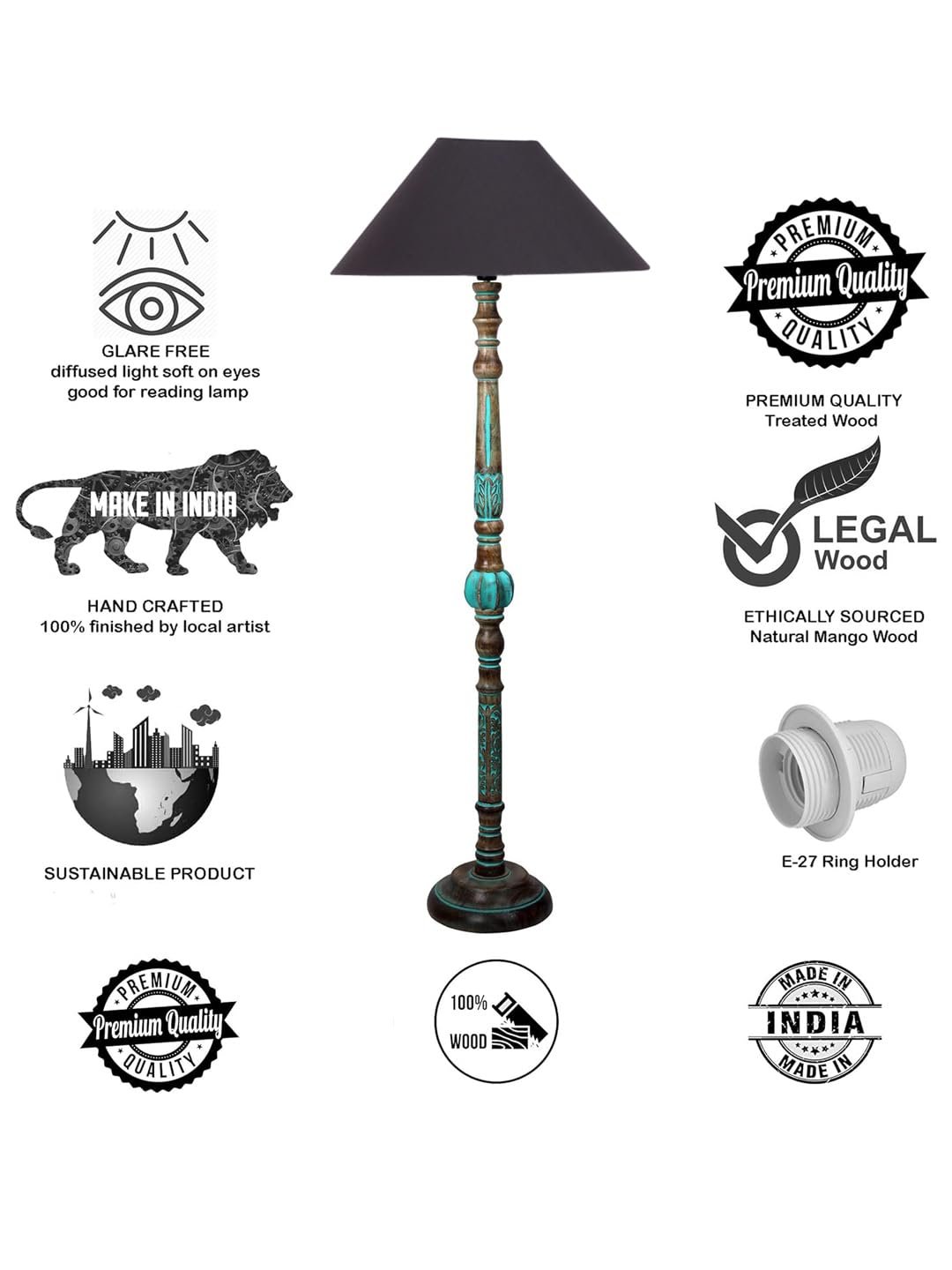 Mid Century Modern Floor Lamp,Hand Turned Floor Lamp Wood for Living Room,Stand Lamp with Fabric Lampshade for Bedroom, Study Room and Office, (Black)-Cotton-AAC80