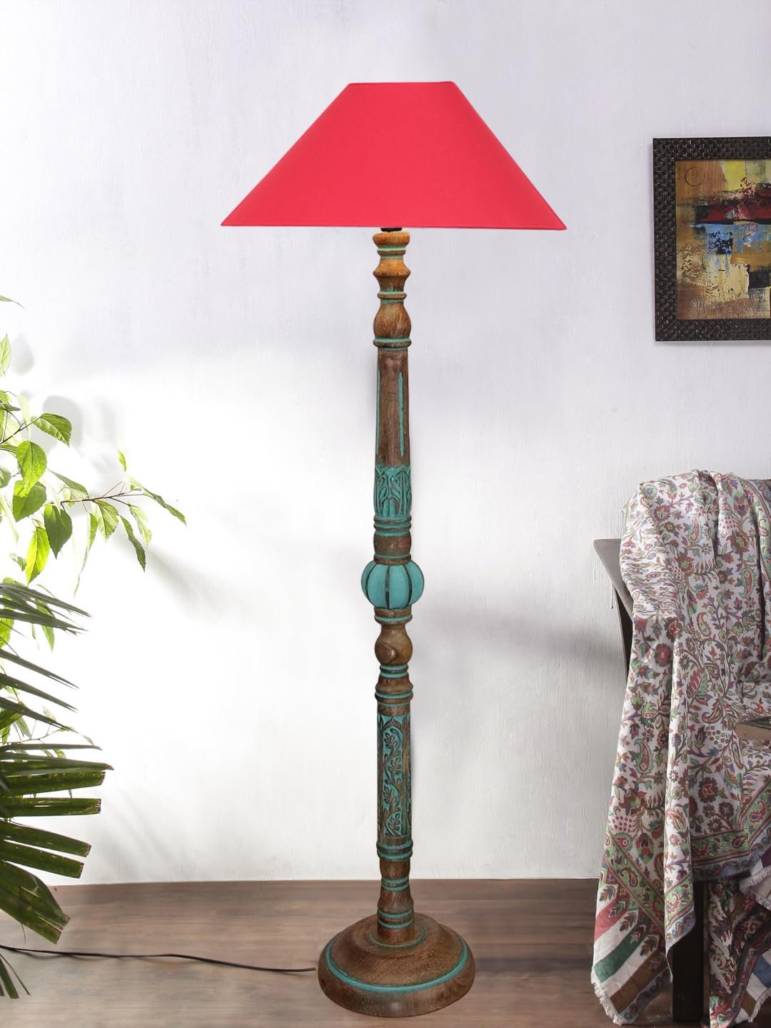 Mid Century Modern Floor Lamp,Hand Turned Floor Lamp Wood for Living Room,Stand Lamp with Fabric Lampshade for Bedroom, Study Room and Office, (Red)-Cotton-AAC80