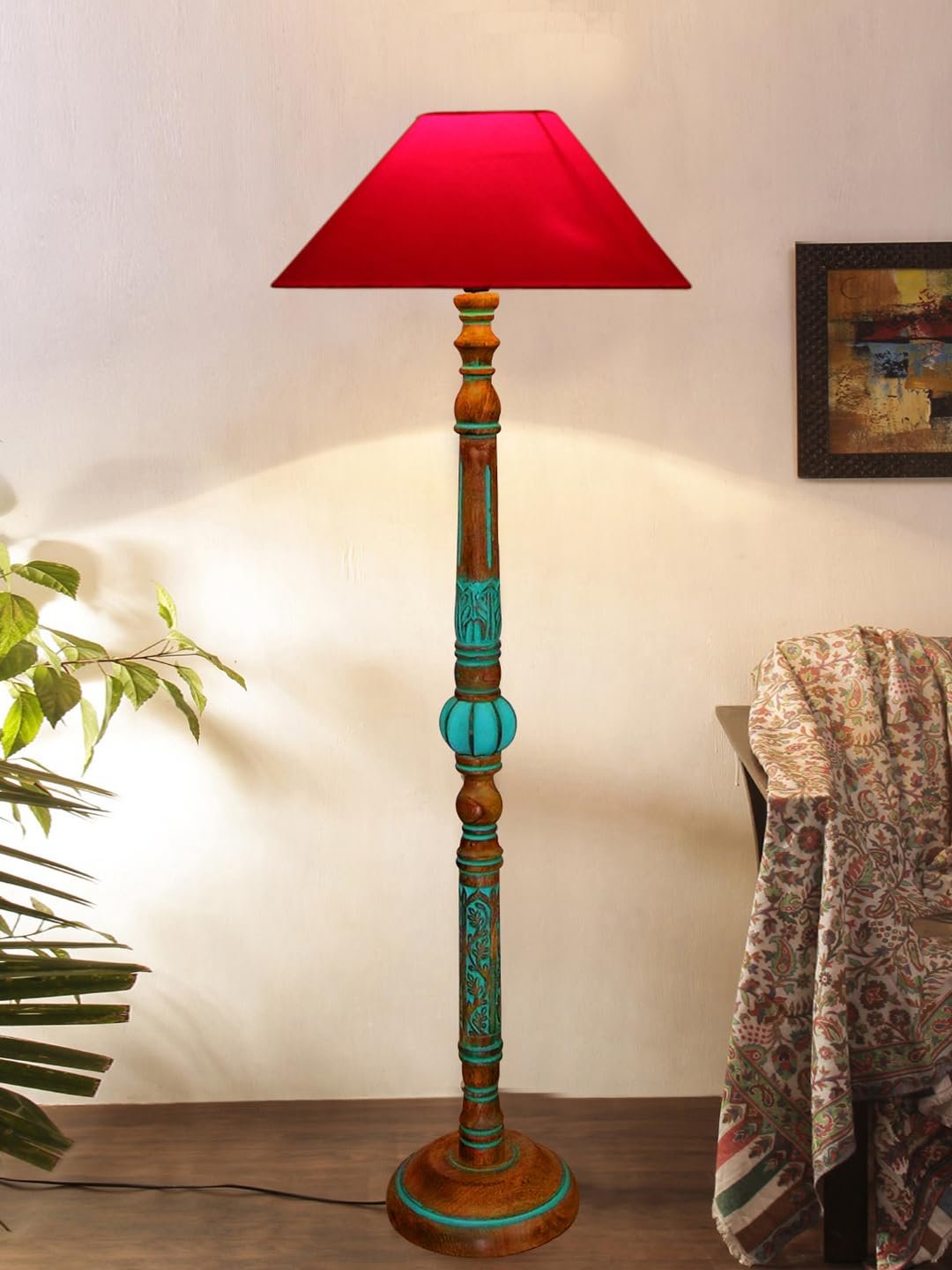 Mid Century Modern Floor Lamp,Hand Turned Floor Lamp Wood for Living Room,Stand Lamp with Fabric Lampshade for Bedroom, Study Room and Office, (Red)-Cotton-AAC80