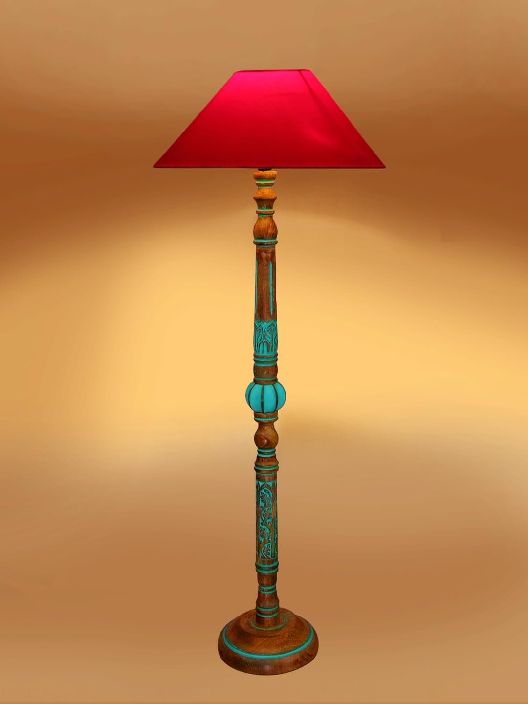 Mid Century Modern Floor Lamp,Hand Turned Floor Lamp Wood for Living Room,Stand Lamp with Fabric Lampshade for Bedroom, Study Room and Office, (Red)-Cotton-AAC80