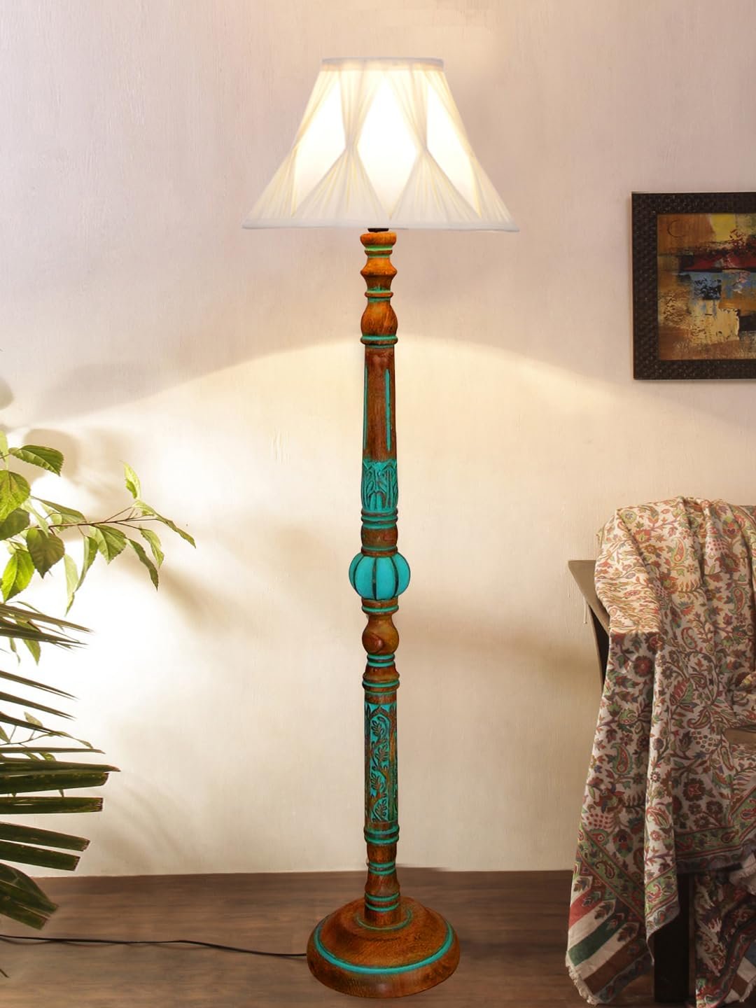 Mid Century Modern Floor Lamp,Hand Turned Floor Lamp Wood for Living Room,Stand Lamp with Fabric Lampshade for Bedroom, Study Room and Office, (Curtain) -Vintage -Offwhite