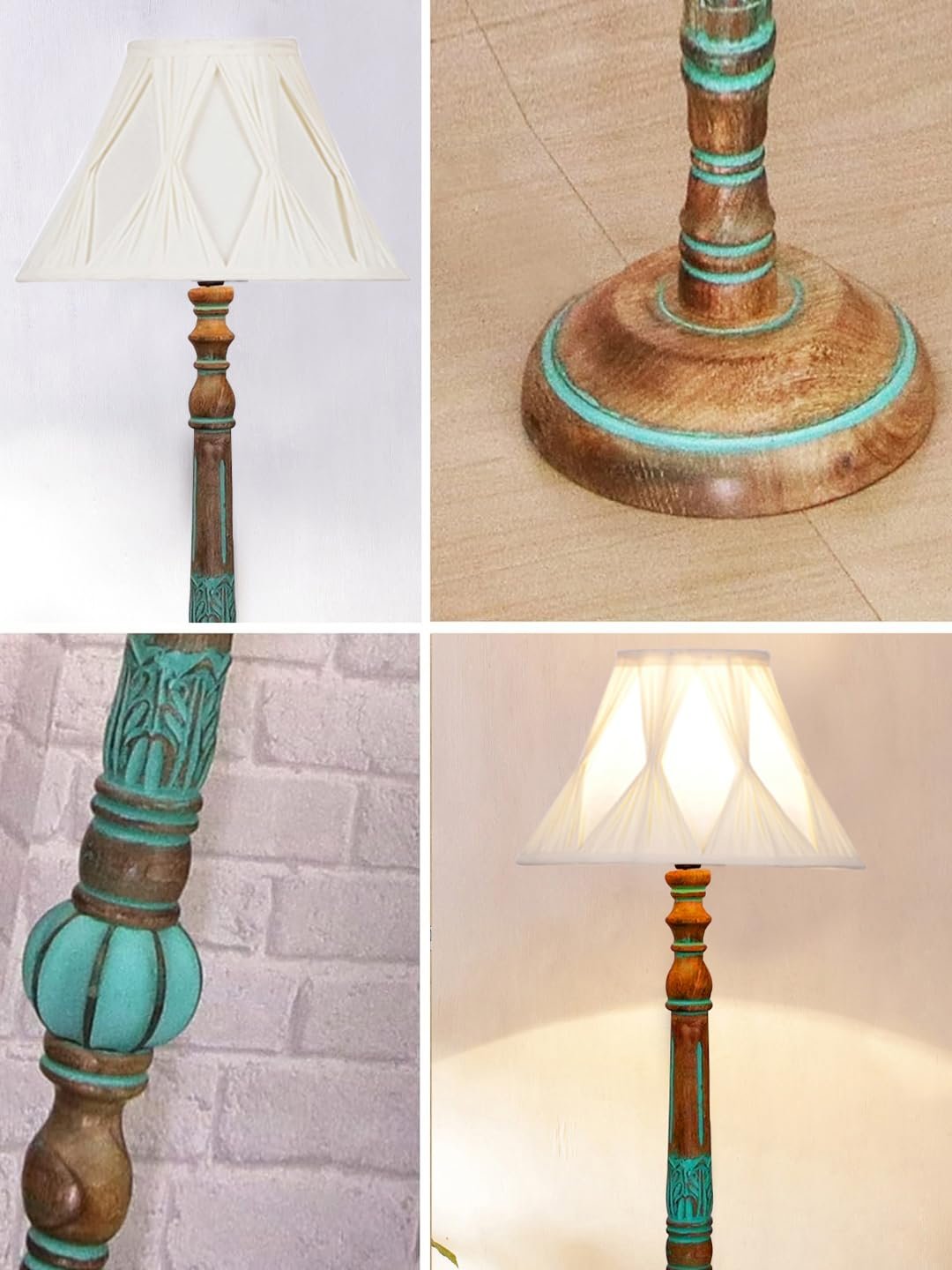 Mid Century Modern Floor Lamp,Hand Turned Floor Lamp Wood for Living Room,Stand Lamp with Fabric Lampshade for Bedroom, Study Room and Office, (Curtain) -Vintage -Offwhite