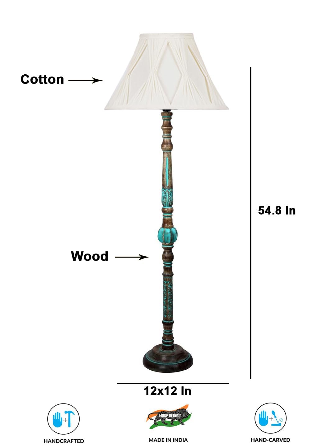 Mid Century Modern Floor Lamp,Hand Turned Floor Lamp Wood for Living Room,Stand Lamp with Fabric Lampshade for Bedroom, Study Room and Office, (Curtain) -Vintage -Offwhite