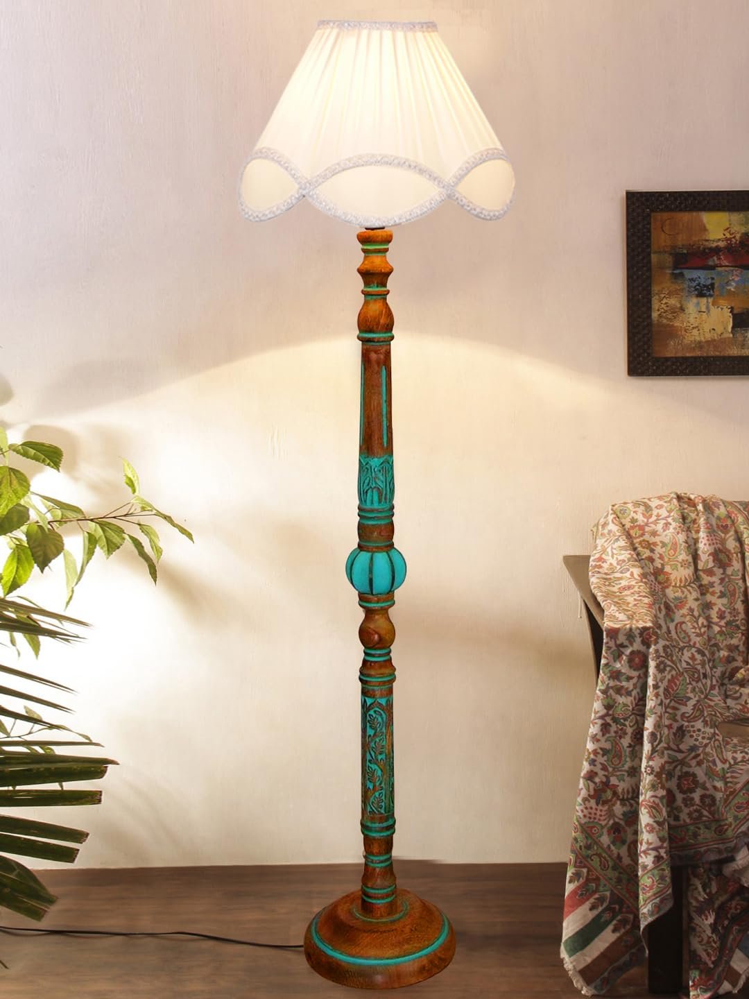 Mid Century Modern Floor Lamp,Hand Turned Floor Lamp Wood for Living Room,Stand Lamp with Fabric Lampshade for Bedroom, Study Room and Office, (Eye) -Vintage -Offwhite