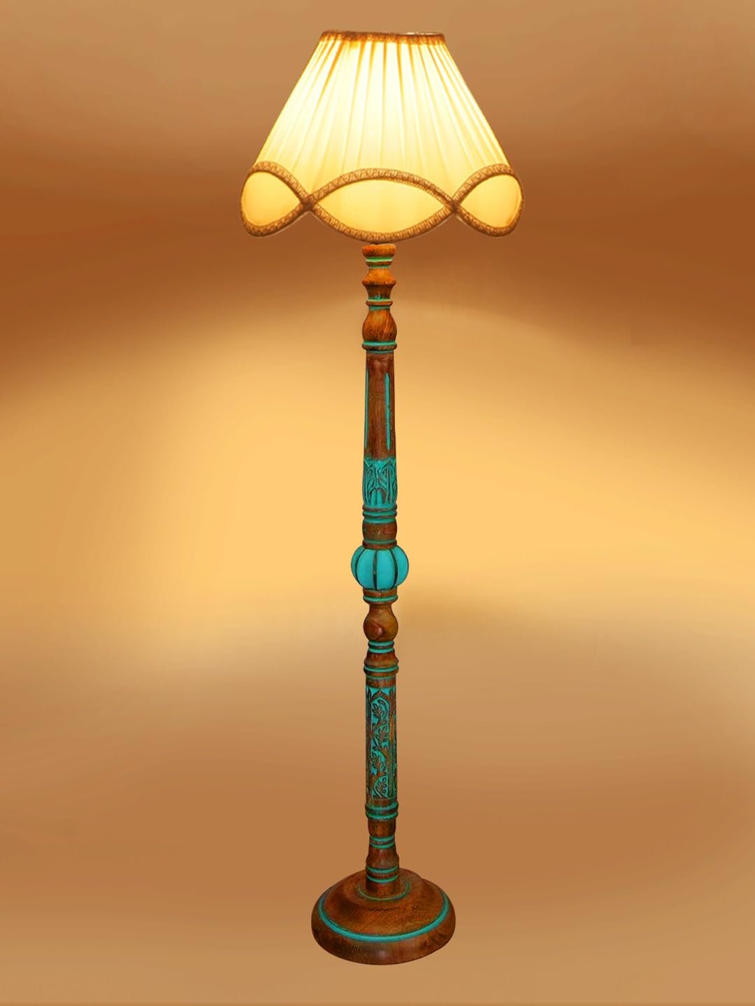 Mid Century Modern Floor Lamp,Hand Turned Floor Lamp Wood for Living Room,Stand Lamp with Fabric Lampshade for Bedroom, Study Room and Office, (Eye) -Vintage -Offwhite