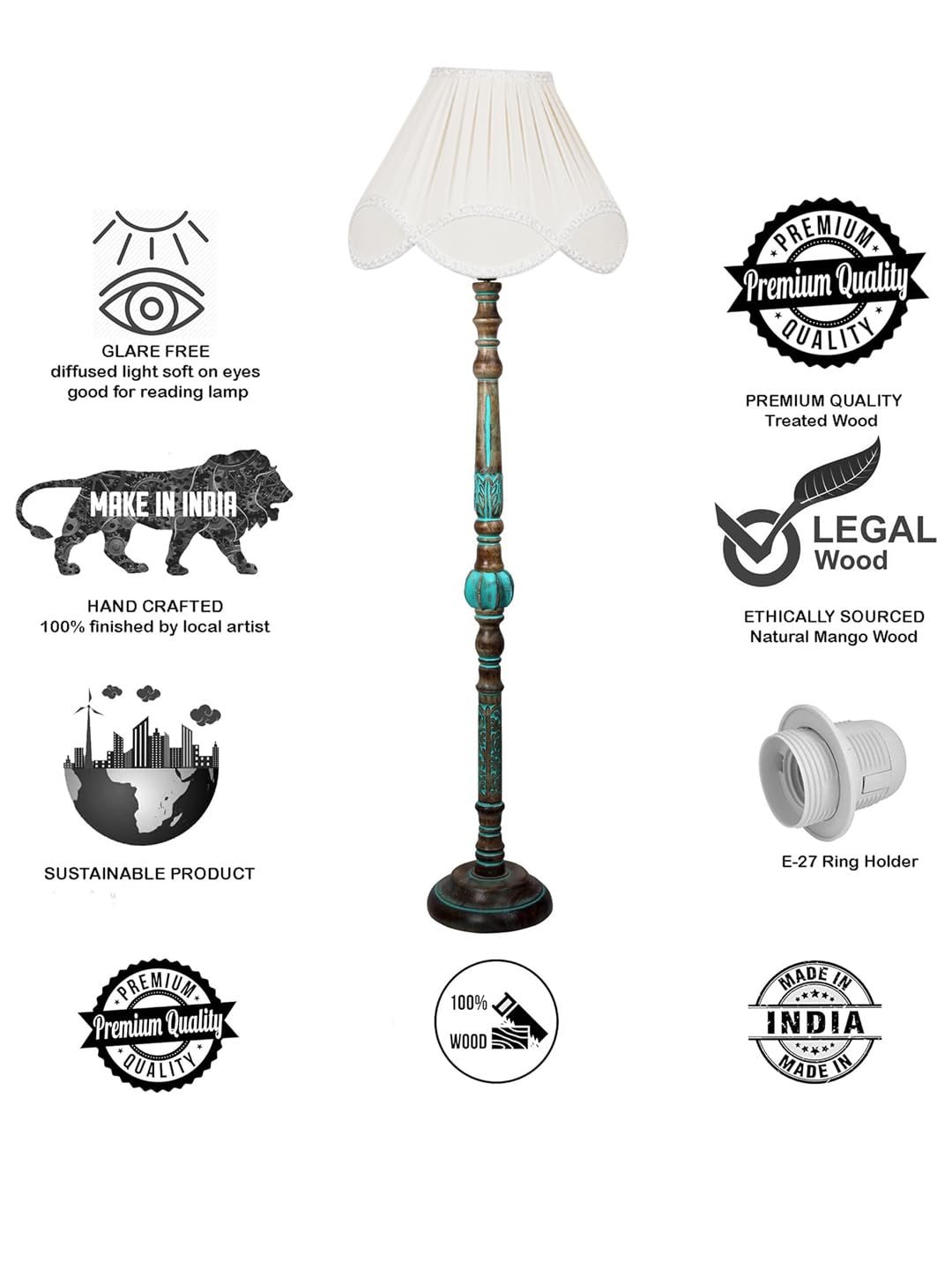 Mid Century Modern Floor Lamp,Hand Turned Floor Lamp Wood for Living Room,Stand Lamp with Fabric Lampshade for Bedroom, Study Room and Office, (Eye) -Vintage -Offwhite