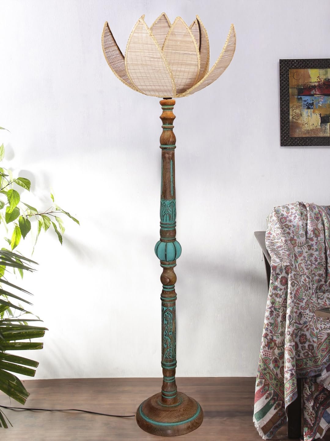 Mid Century Modern Floor Lamp,Hand Turned Floor Lamp Wood for Living Room,Stand Lamp with Fabric Lampshade for Bedroom, Study Room and Office, (Rose) -Bamboo-Beige