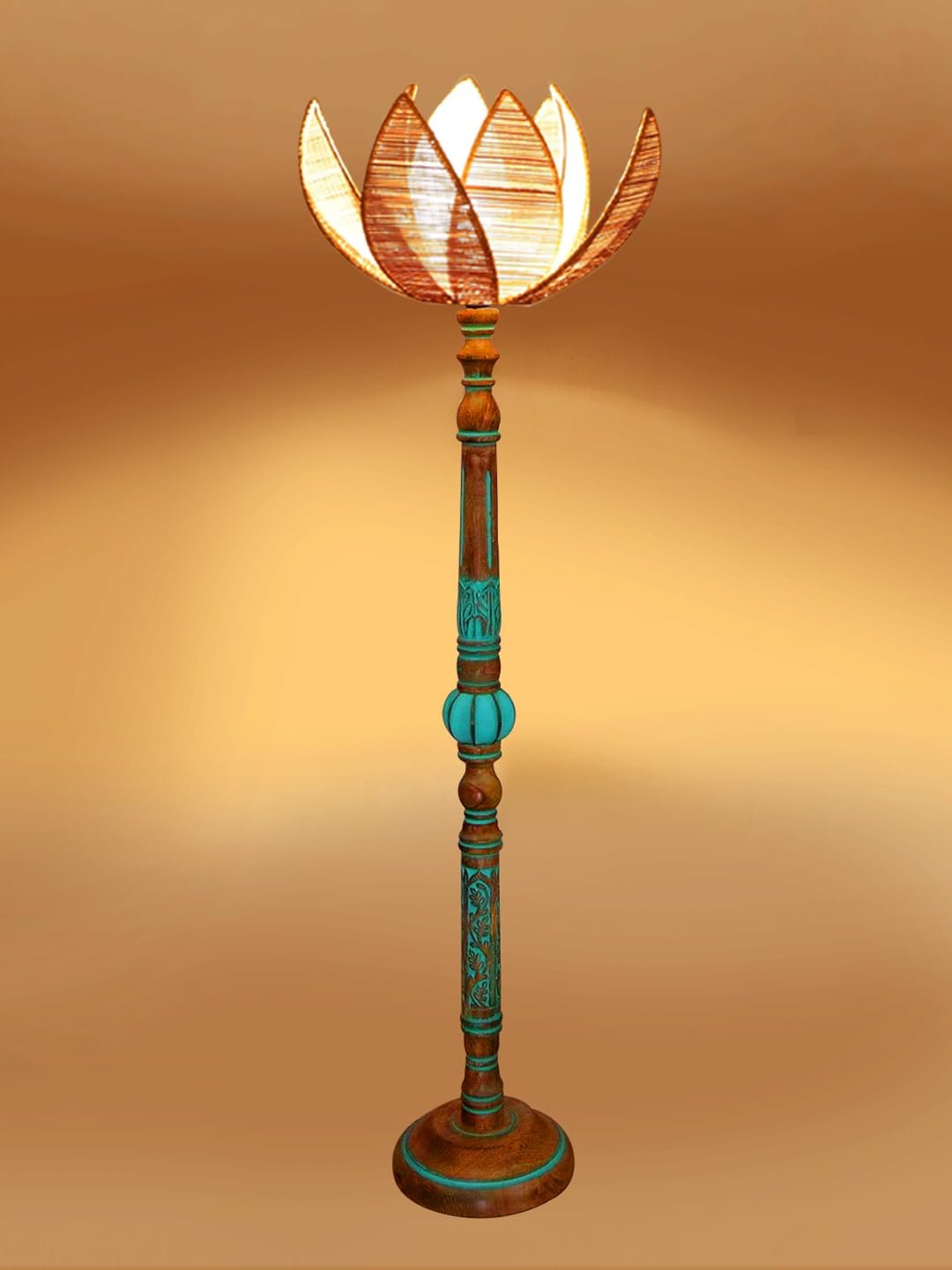 Mid Century Modern Floor Lamp,Hand Turned Floor Lamp Wood for Living Room,Stand Lamp with Fabric Lampshade for Bedroom, Study Room and Office, (Rose) -Bamboo-Beige