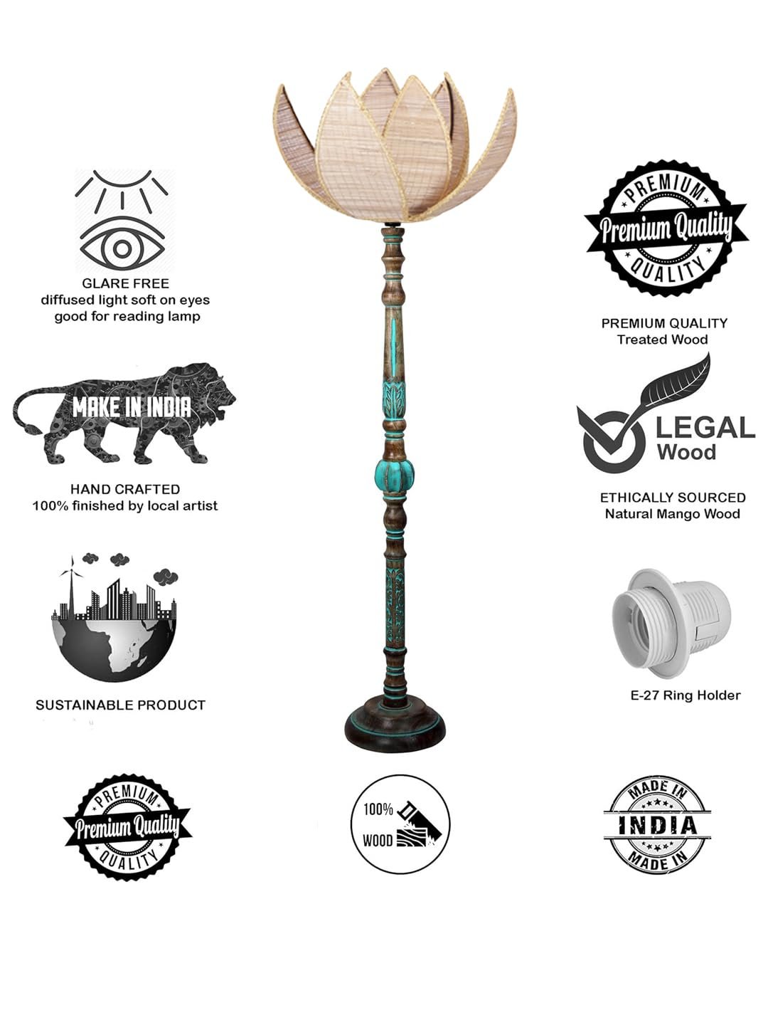 Mid Century Modern Floor Lamp,Hand Turned Floor Lamp Wood for Living Room,Stand Lamp with Fabric Lampshade for Bedroom, Study Room and Office, (Rose) -Bamboo-Beige