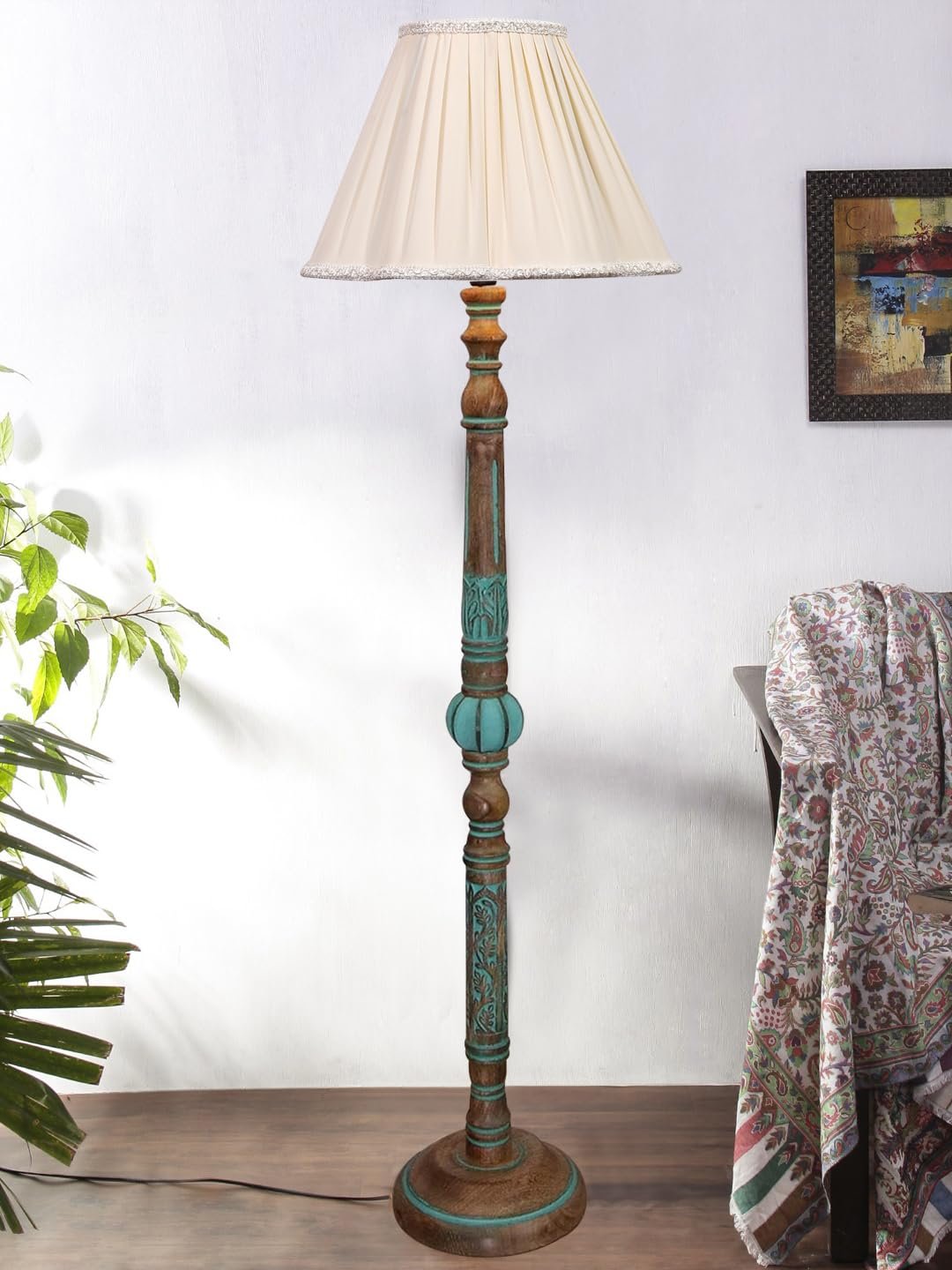 Mid Century Modern Floor Lamp,Hand Turned Floor Lamp Wood for Living Room,Stand Lamp with Fabric Lampshade for Bedroom, Study Room and Office, (Jalebi) -Off-White-7