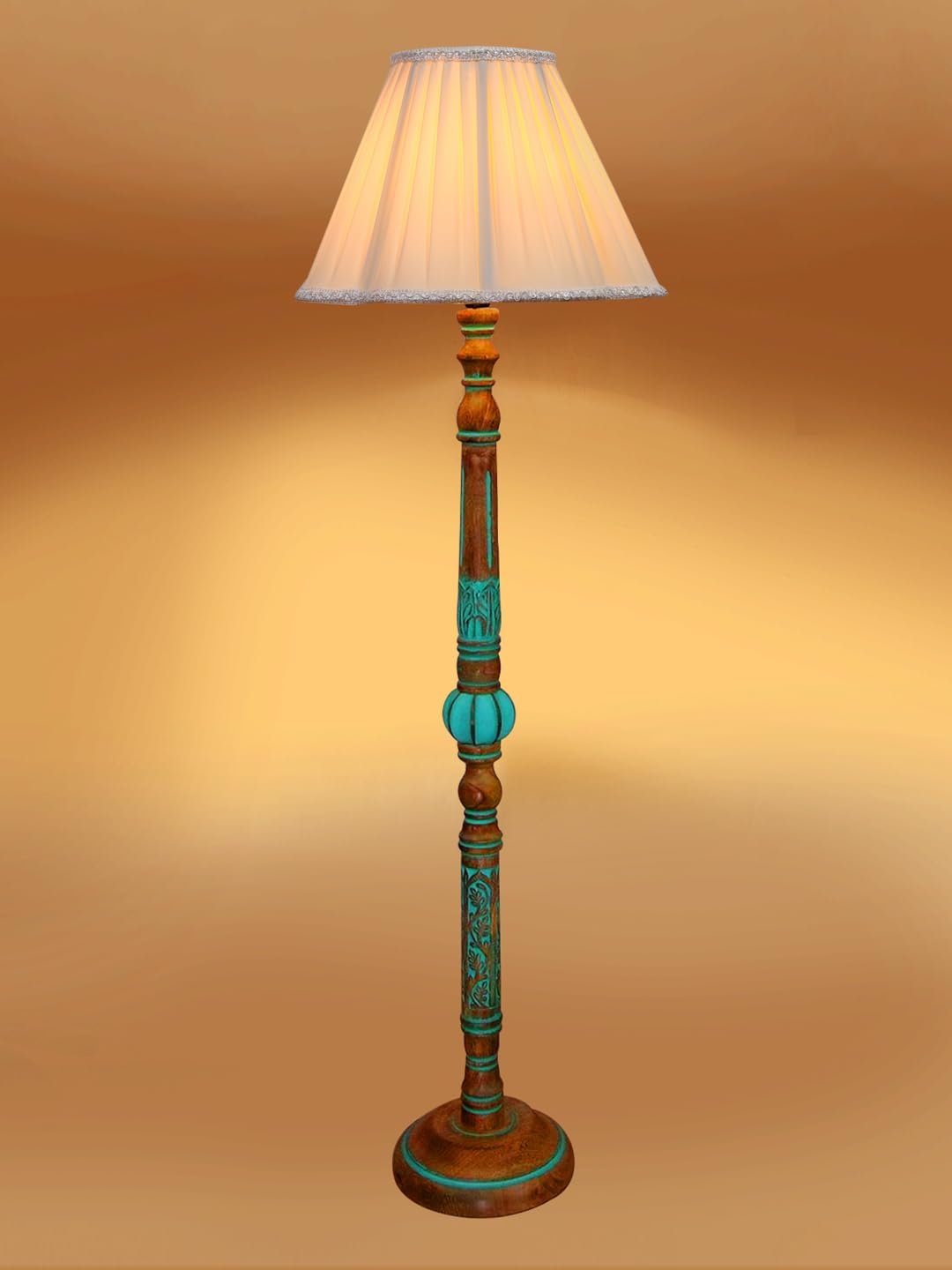 Mid Century Modern Floor Lamp,Hand Turned Floor Lamp Wood for Living Room,Stand Lamp with Fabric Lampshade for Bedroom, Study Room and Office, (Jalebi) -Off-White-7