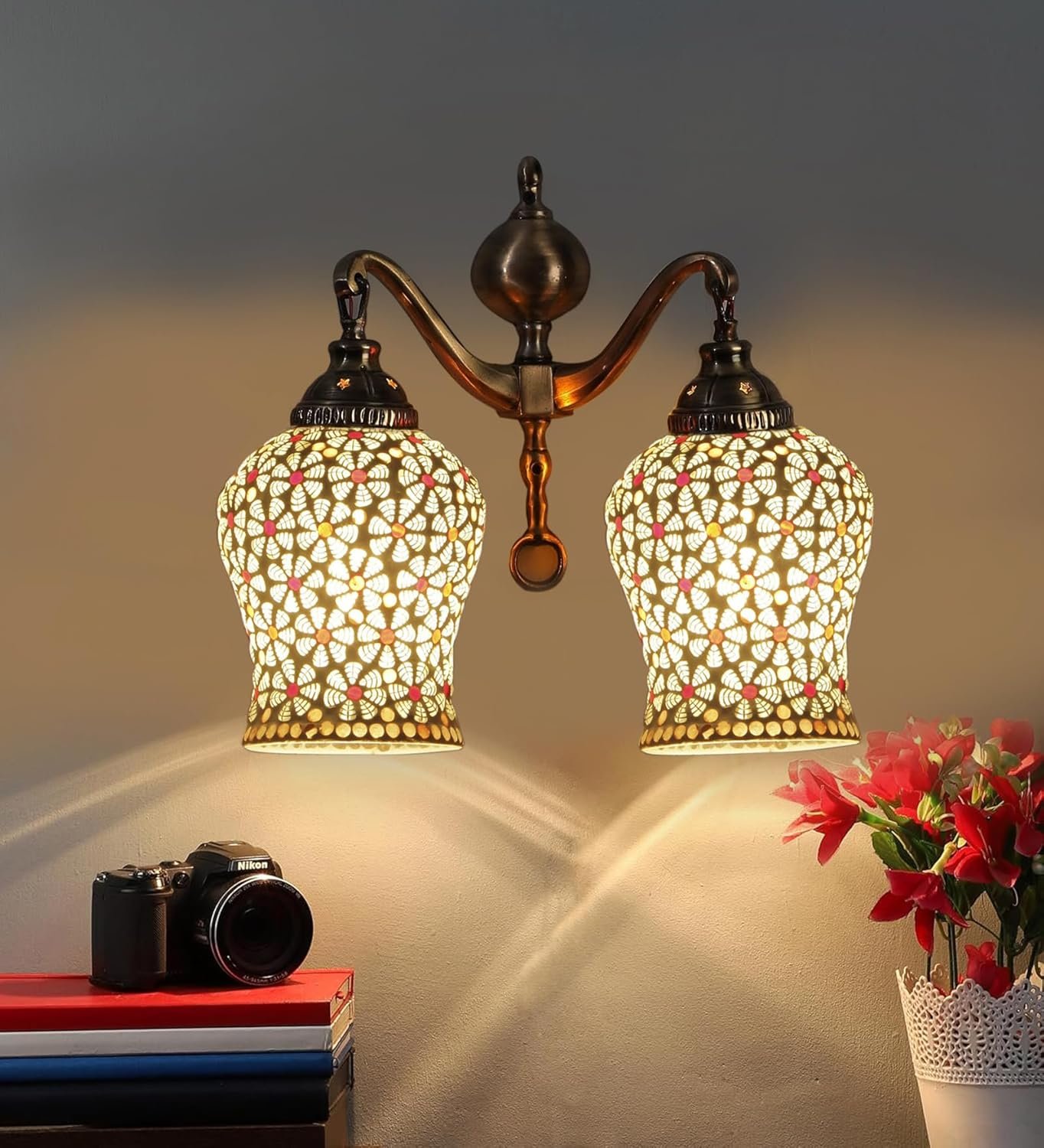 Dual Golden Antique Wall lamp with Mosaic Glass Wall d�cor Wall Hanging Light Vintage Wall Lamps Decorative lamp Traditional Wall lamp-A