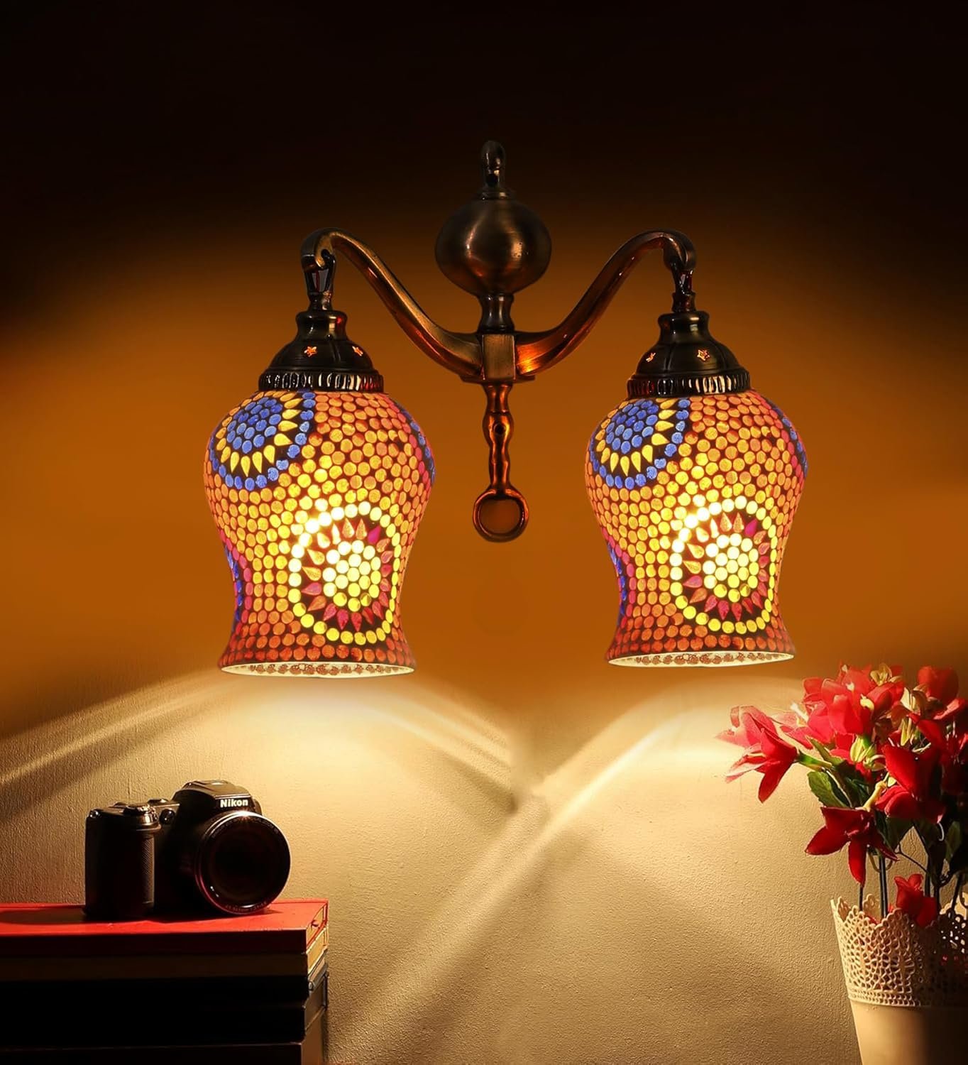 Dual Golden Antique Wall lamp with Mosaic Glass Wall d�cor Wall Hanging Light Vintage Wall Lamps Decorative lamp Traditional Wall lamp-F