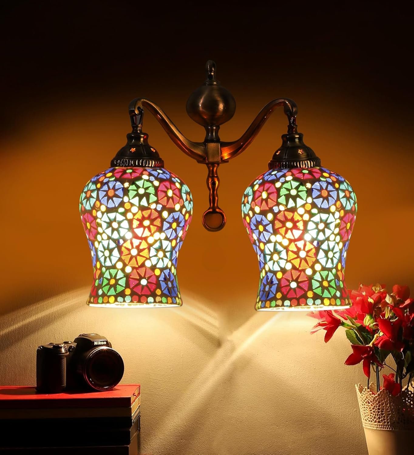 Dual Golden Antique Wall lamp with Mosaic Glass Wall d�cor Wall Hanging Light Vintage Wall Lamps Decorative lamp Traditional Wall lamp-H