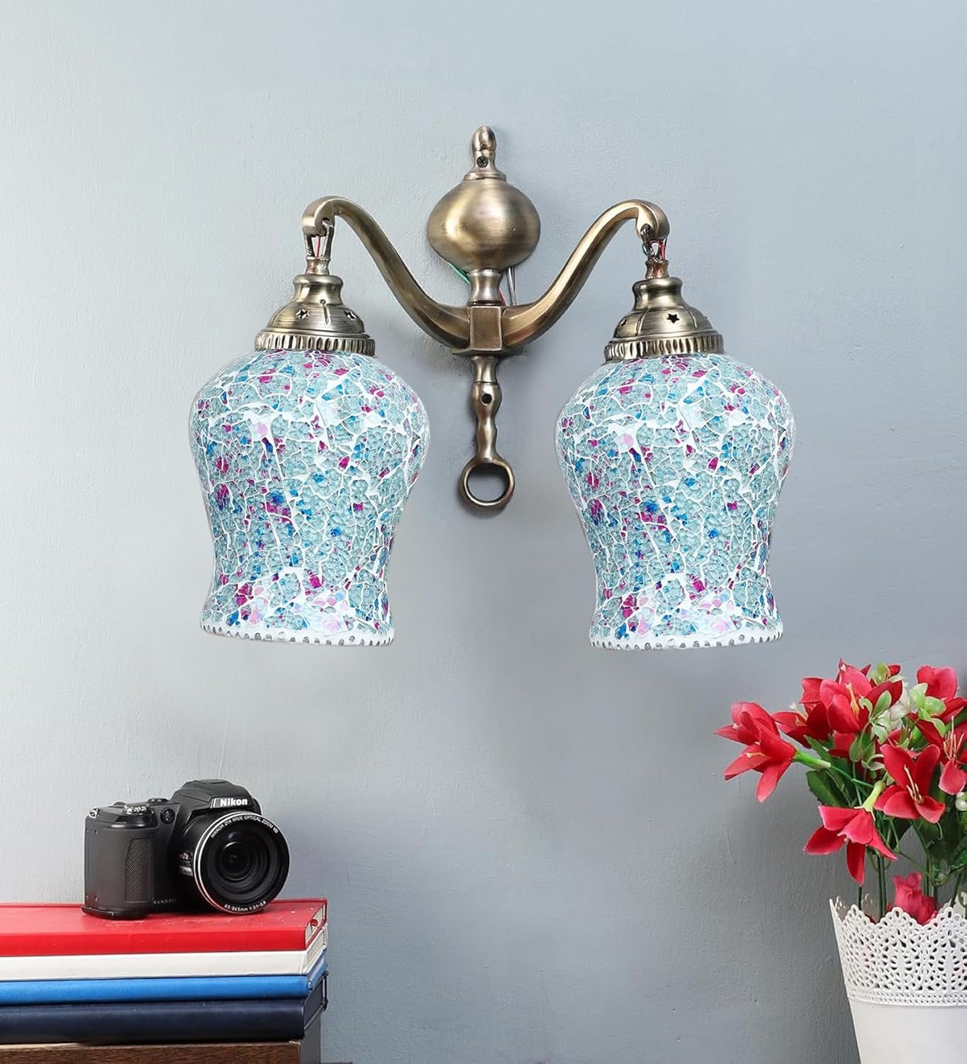 Dual Golden Antique Wall lamp with Mosaic Glass Wall d�cor Wall Hanging Light Vintage Wall Lamps Decorative lamp Traditional Wall lamp-J