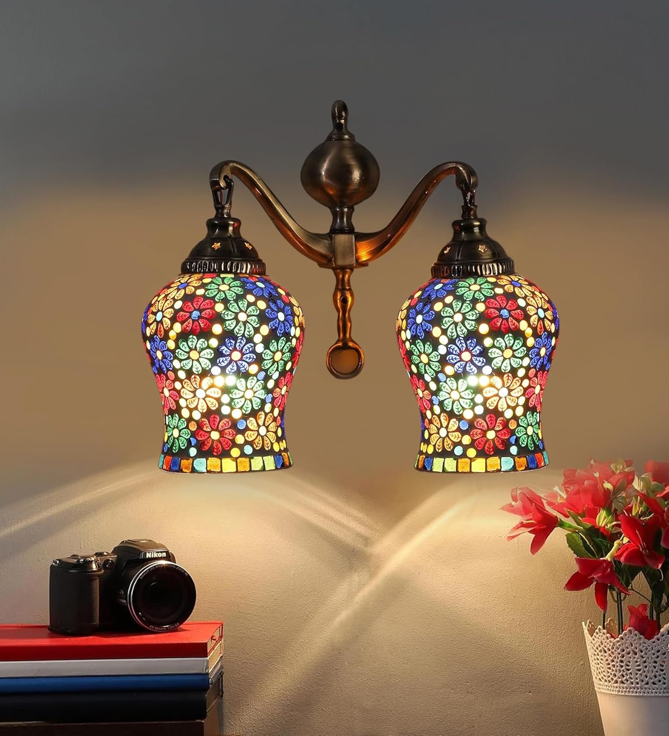 Dual Golden Antique Wall lamp with Mosaic Glass Wall d�cor Wall Hanging Light Vintage Wall Lamps Decorative lamp Traditional Wall lamp-K