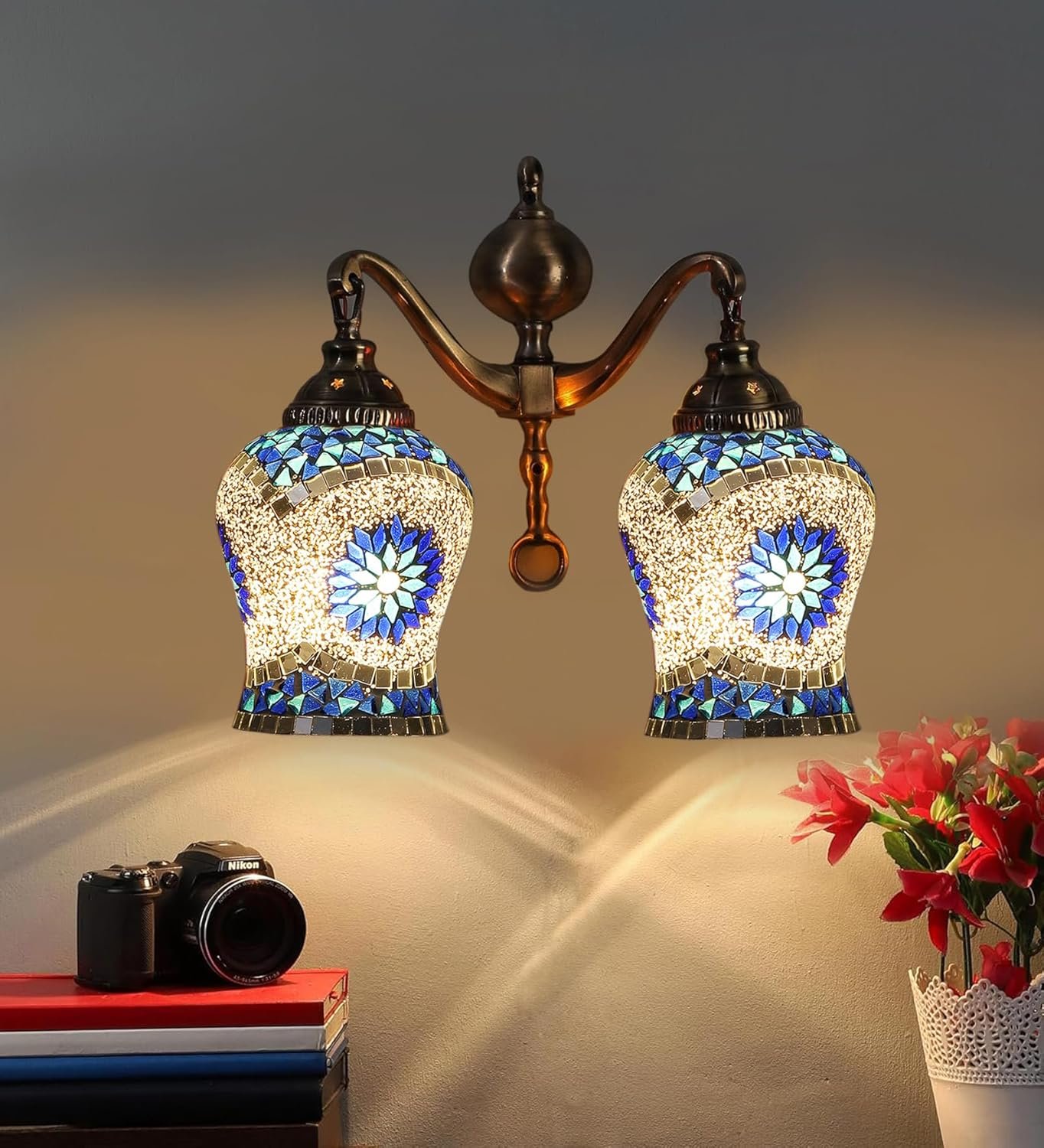 Dual Golden Antique Wall lamp with Mosaic Glass Wall d�cor Wall Hanging Light Vintage Wall Lamps Decorative lamp Traditional Wall lamp-L