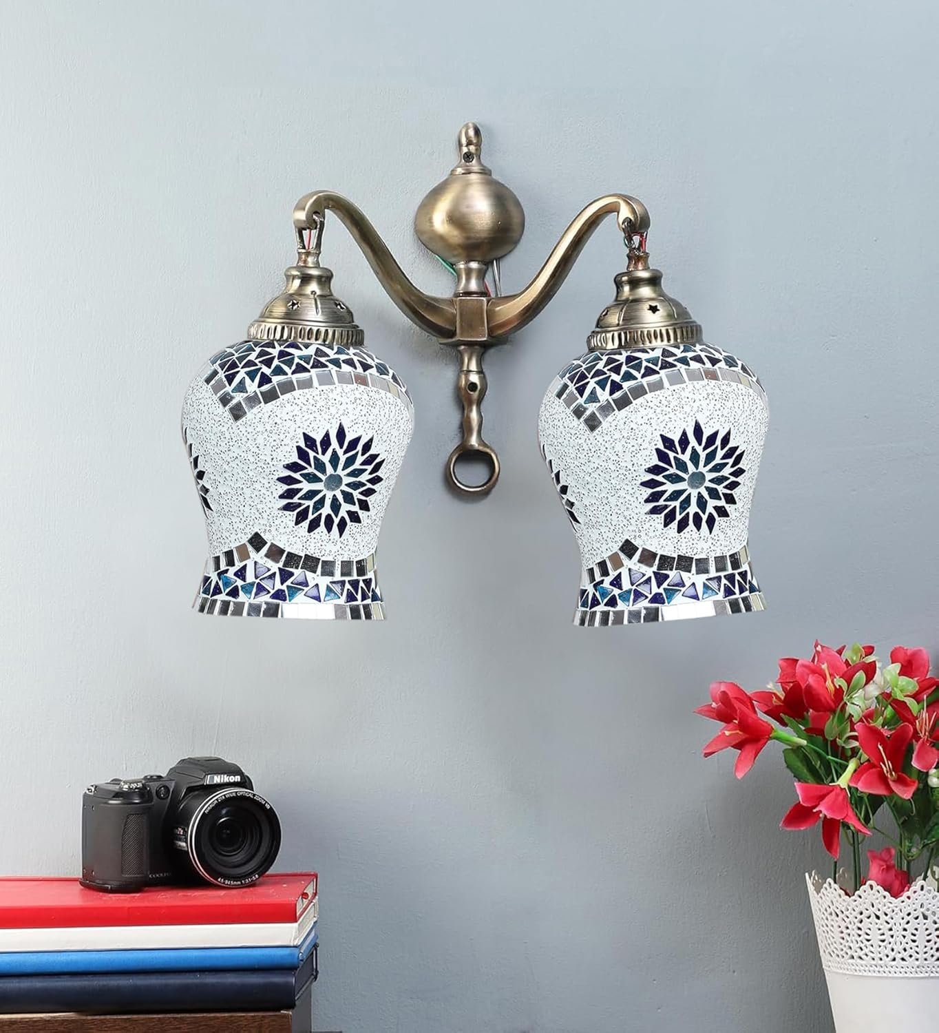 Dual Golden Antique Wall lamp with Mosaic Glass Wall d�cor Wall Hanging Light Vintage Wall Lamps Decorative lamp Traditional Wall lamp-L