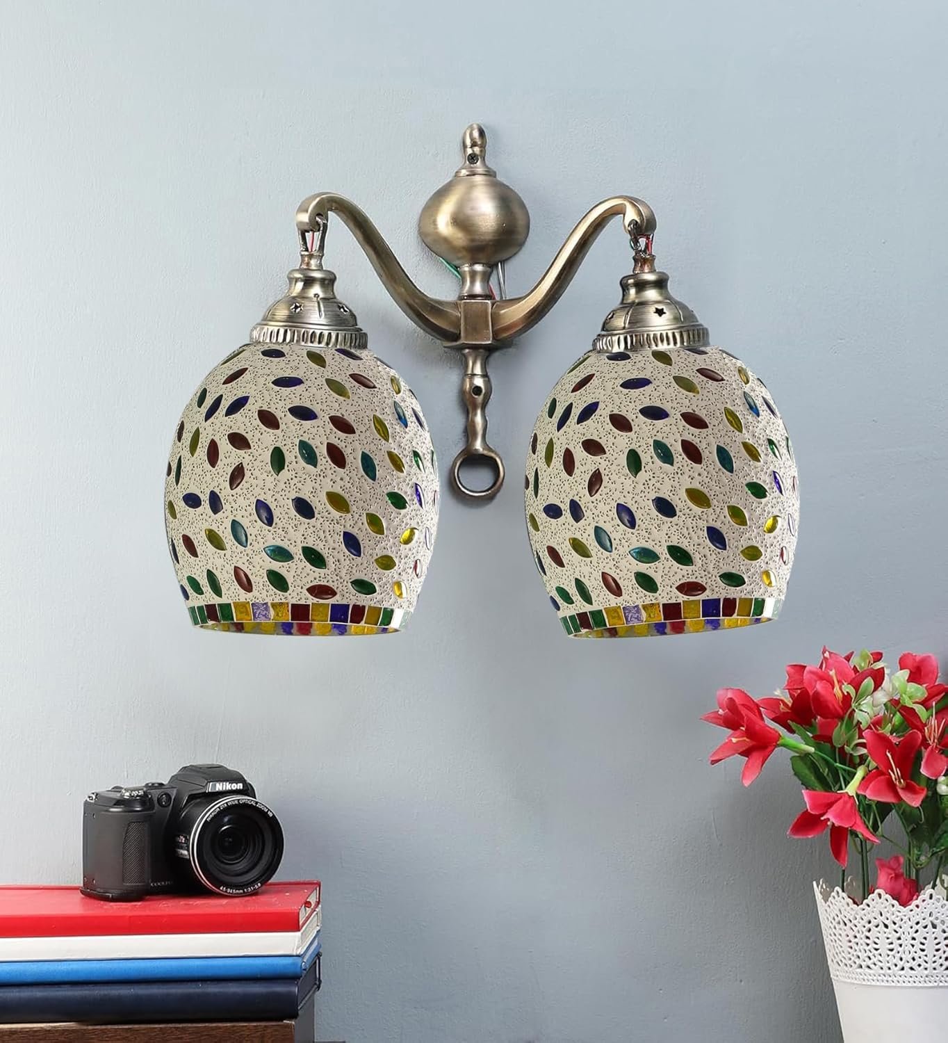 Dual Golden Antique Wall lamp with Mosaic Glass Wall d�cor Wall Hanging Light Vintage Wall Lamps Decorative lamp Traditional Wall lamp-O