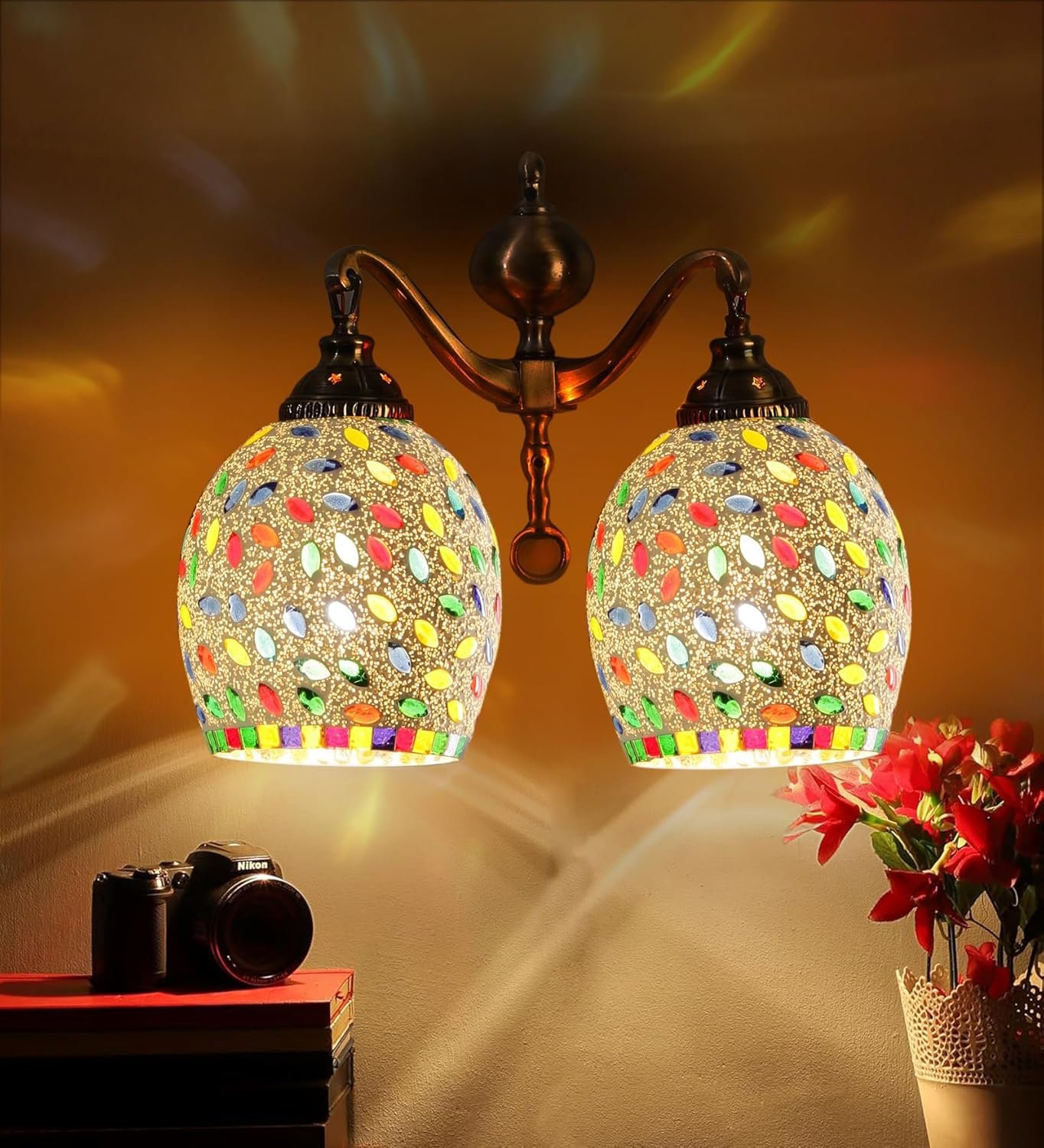 Dual Golden Antique Wall lamp with Mosaic Glass Wall d�cor Wall Hanging Light Vintage Wall Lamps Decorative lamp Traditional Wall lamp-O