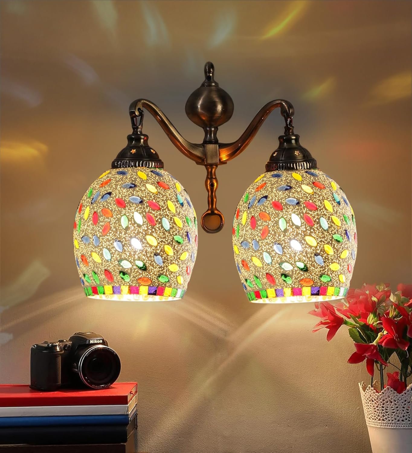 Dual Golden Antique Wall lamp with Mosaic Glass Wall d�cor Wall Hanging Light Vintage Wall Lamps Decorative lamp Traditional Wall lamp-O