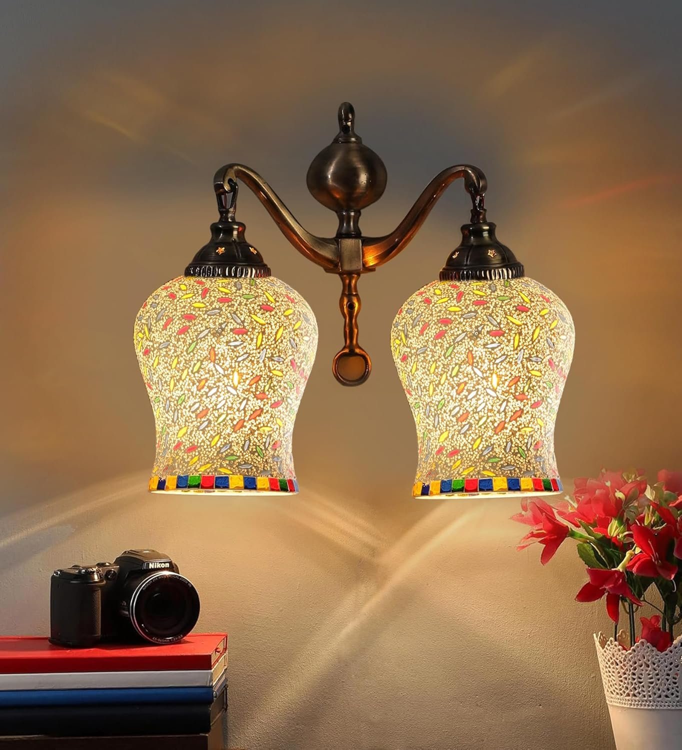 Dual Golden Antique Wall lamp with Mosaic Glass Wall d�cor Wall Hanging Light Vintage Wall Lamps Decorative lamp Traditional Wall lamp-Q